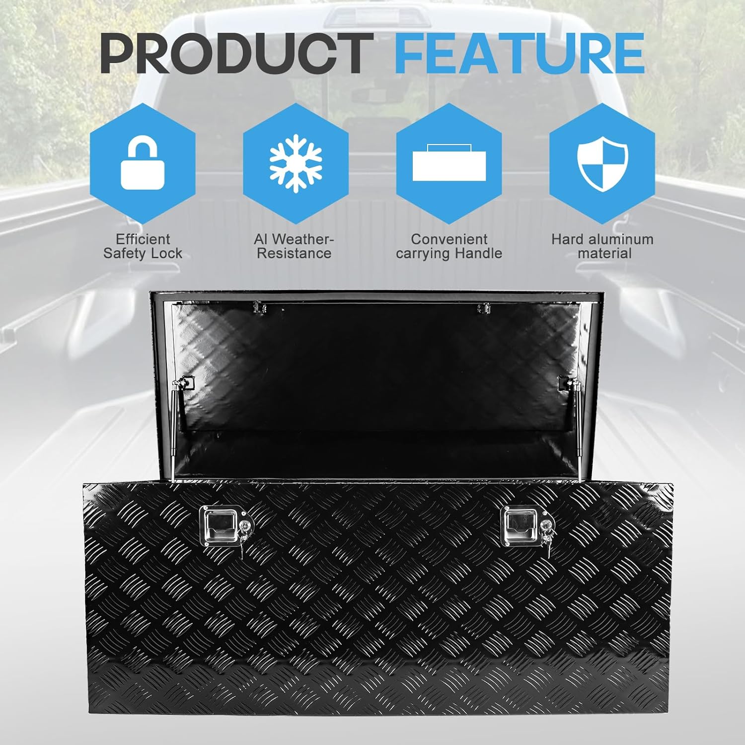 BLACKHORSE-RACING 48 Inch Heavy Duty Aluminum Tool Box Pick Up Truck Bed RV Trailer Toolbox Square Storage Organizer with Side Handle, Lock and Keys- Black48 x 19.5" x 17.5 "