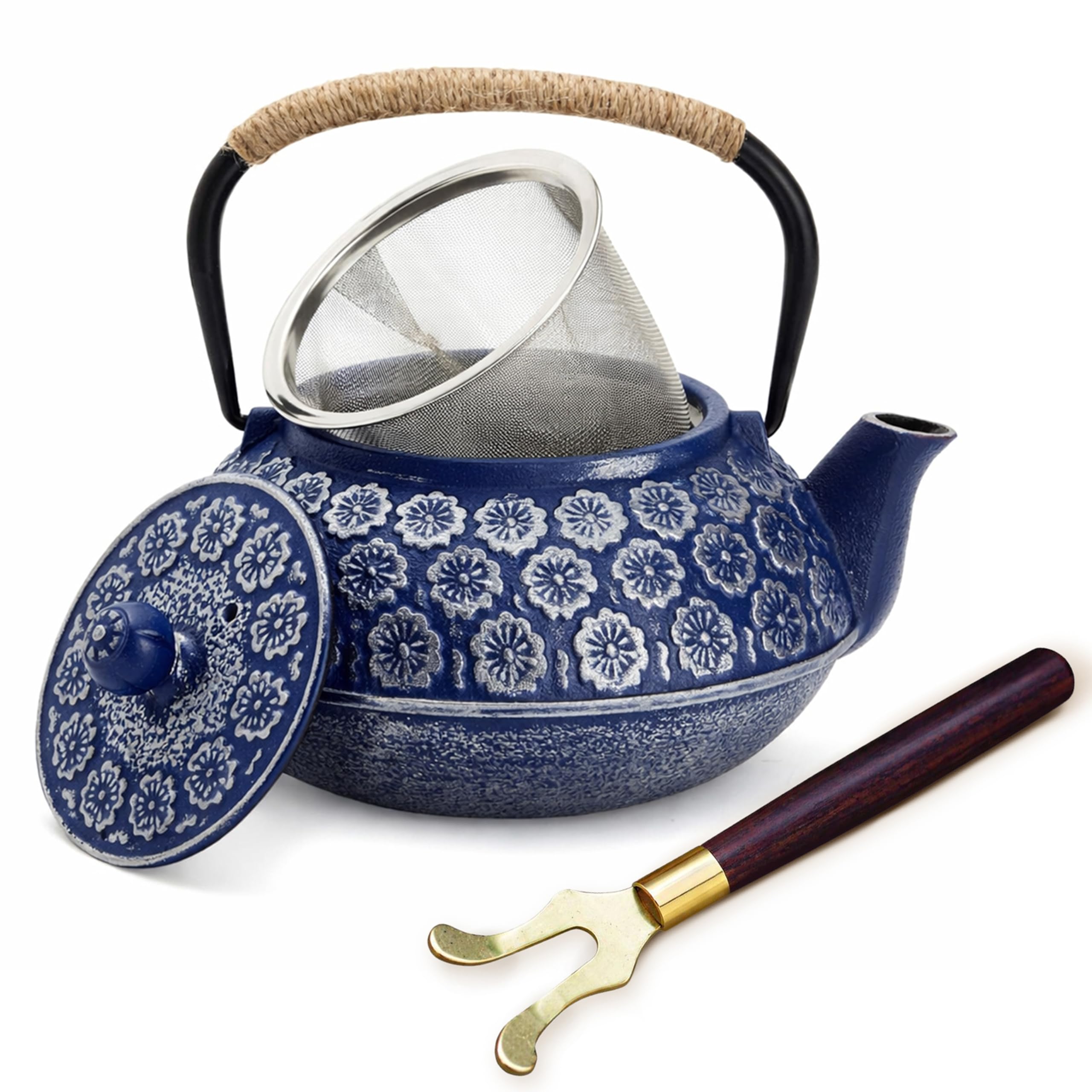 Juvale Japanese Cast Iron Teapot with Infuser & Stovetop Tea Kettle - 34 oz, Blue - Heat Retention, Removable Lid & Fold-Down Handle