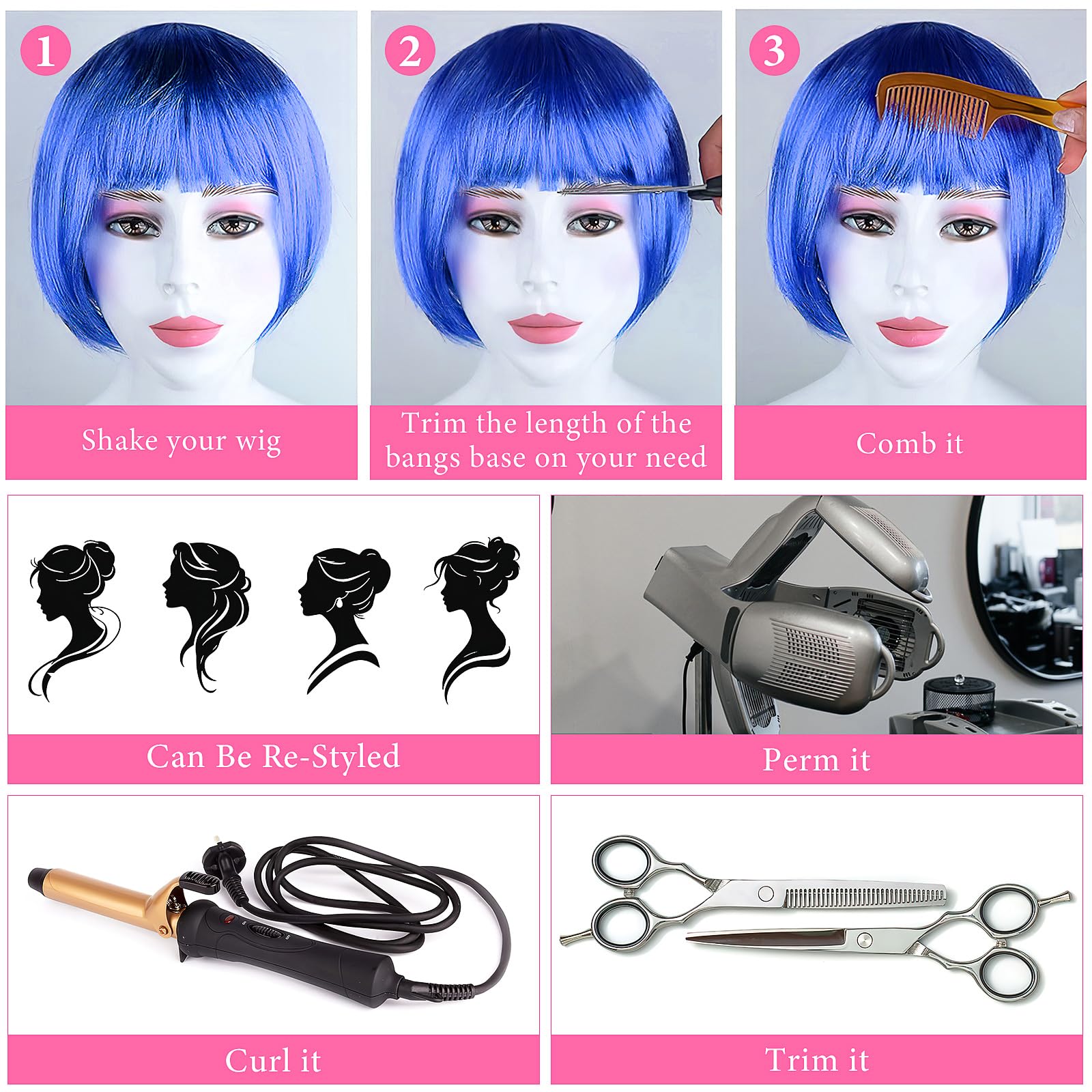 Set di 14 parrucche e occhiali da sole, capelli corti con retina per capelli, per addio al celibato, feste al neon