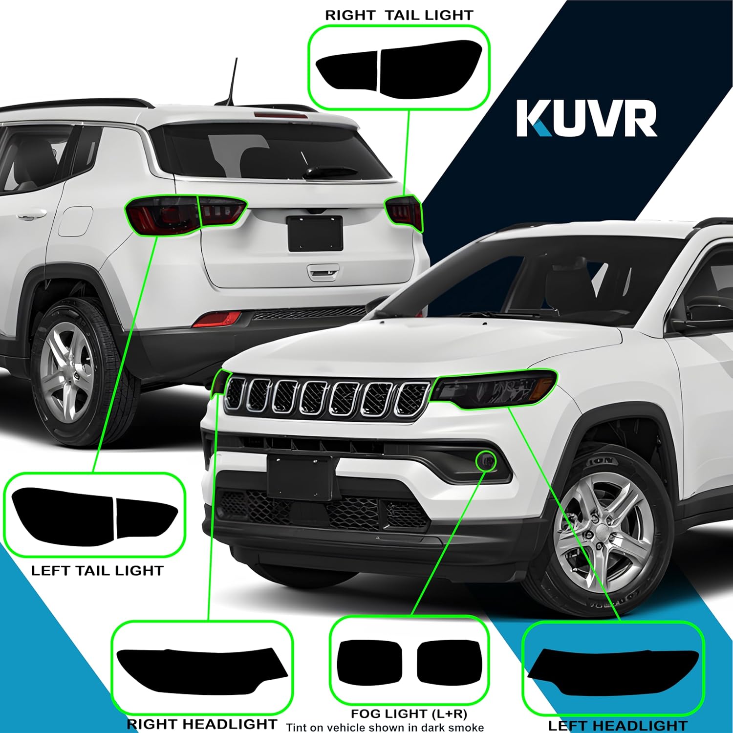 Pre-Cut Headlight Fog Light & Taillight Tint Kit Compatible with Jeep Compass 2024-2025 | Precision Cut Stretchable PPF Vinyl Overlay Cover Wrap (Dark Smoke)