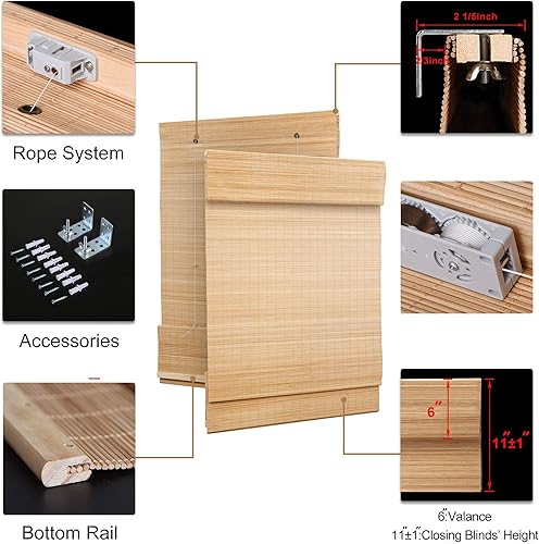 Miniatura 5 de LazBlinds Persianas Romanas de Bambú sin Cordón, Tratamiento de Ventana con Filtrado de Luz, Persianas de Bambú Enrollables para Ventanas, 23'' An x
