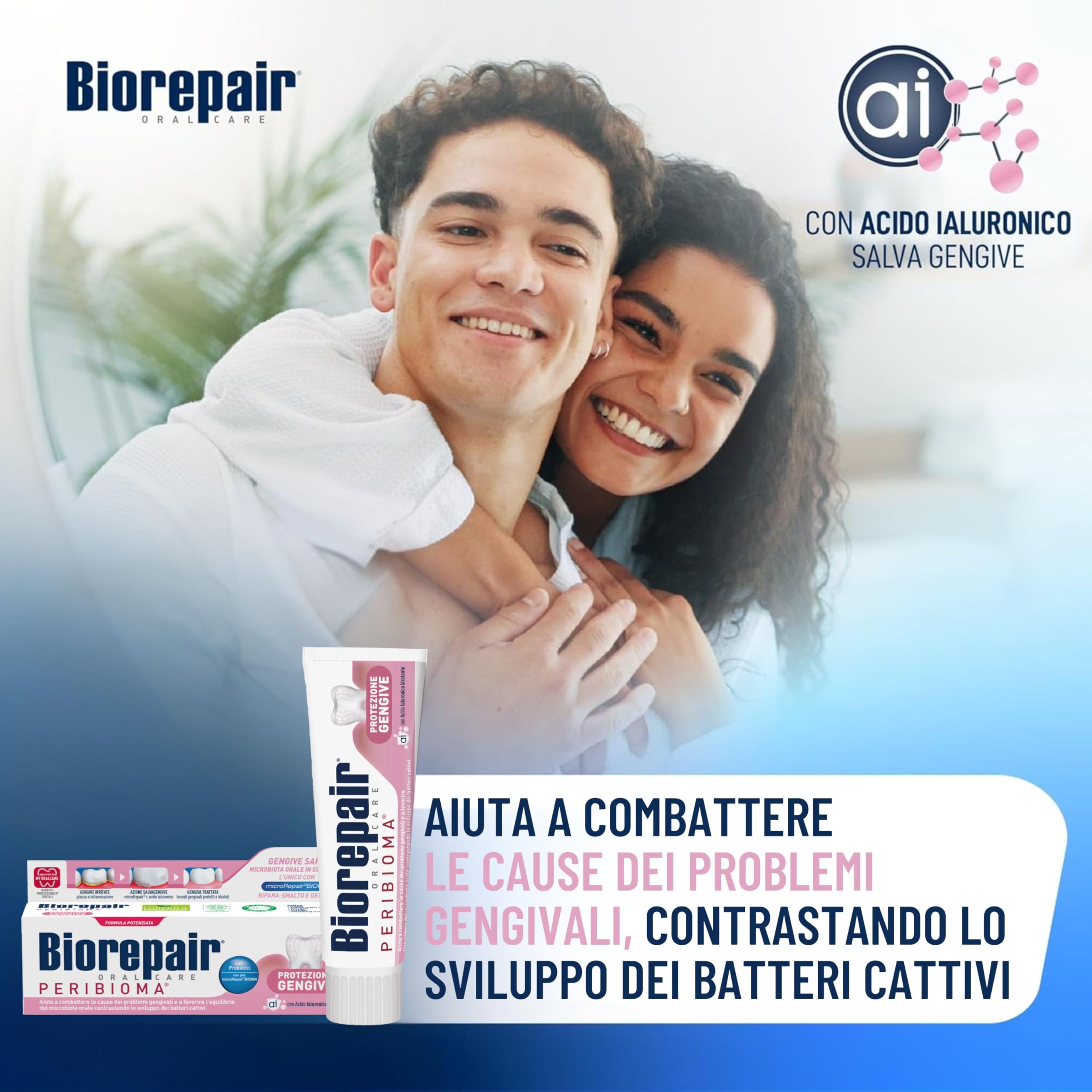 Biorepair, Dentifricio Protezione Gengive Peribioma, 12 Confezioni da 60 ml, Combatte e Previene Problemi Gengivali, con Probiotici, Acido Ialuronico Idratante, Senza Fluoro