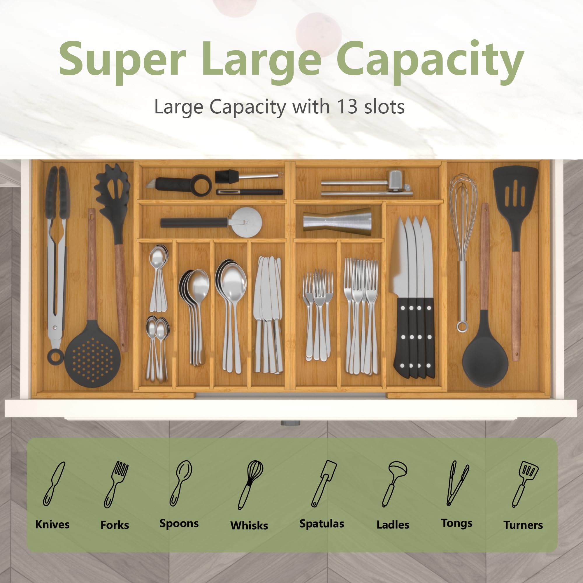 Suli Grand Range Couverts Extensible de 53,3 jusqu'à 91,4cm de Large | Range-Ustensiles de Cuisine Ajustable, Rangement pour Cuillères, Fourchettes et Couteaux,Organisateur en Bambou pour Couverts
