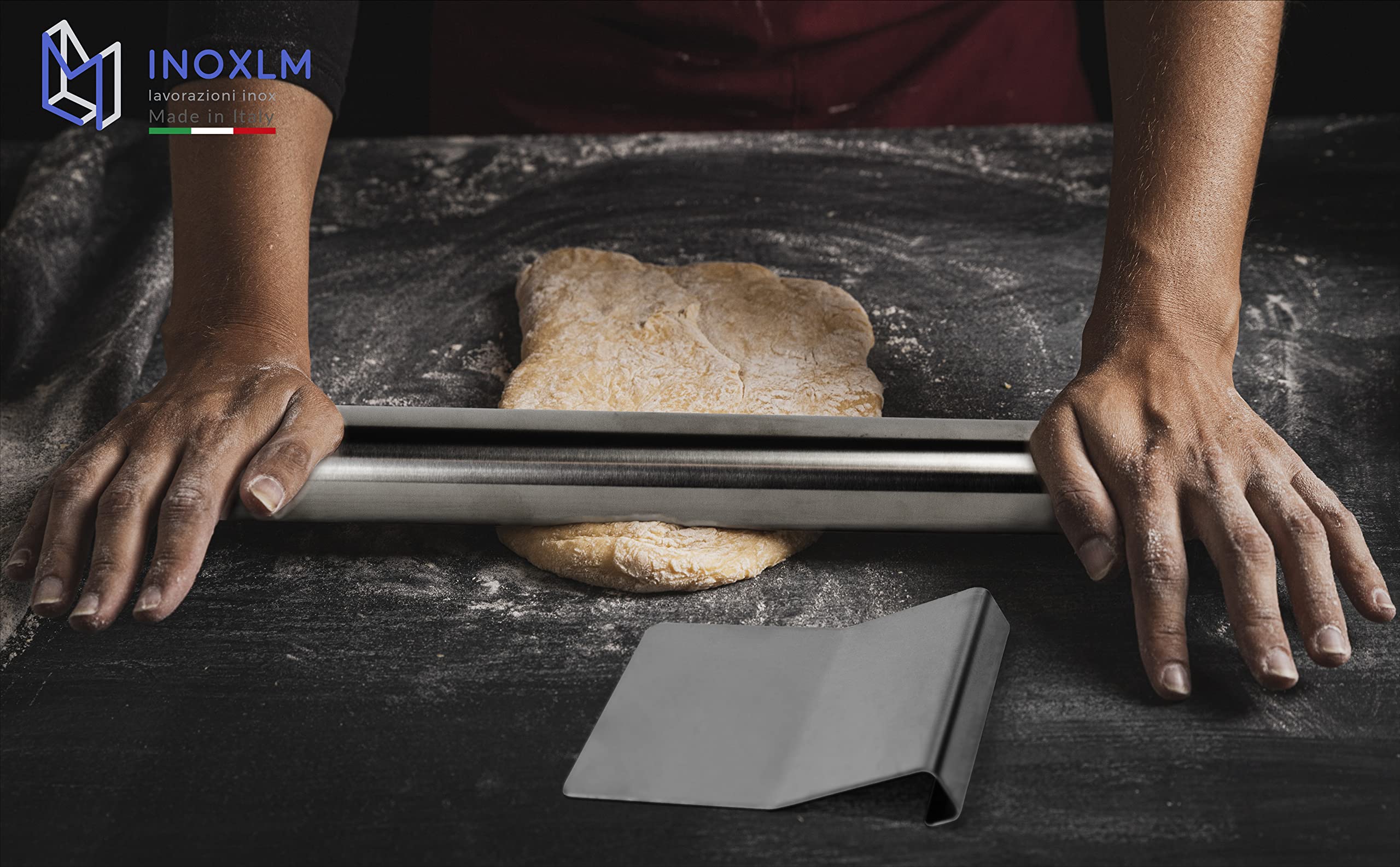 INOXLM Box 1 tablas de cortar 30 x 50 cm + espátula + rodillo funda de tela |Encimera de acero inoxidable, varios tamaños para cocina, bar, restaurante