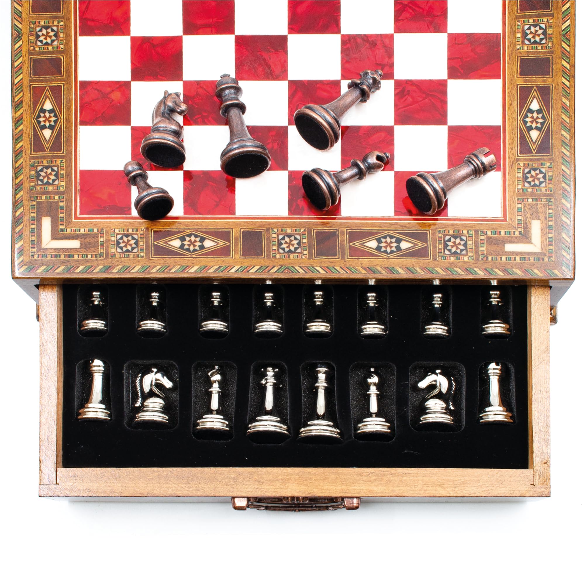 GrandGiftStore - Juego de ajedrez hecho a mano con cajón, tablero de ajedrez de madera para adultos con almacenamiento, juego de ajedrez premium (38 x 38 cm, bolsa, rojo)