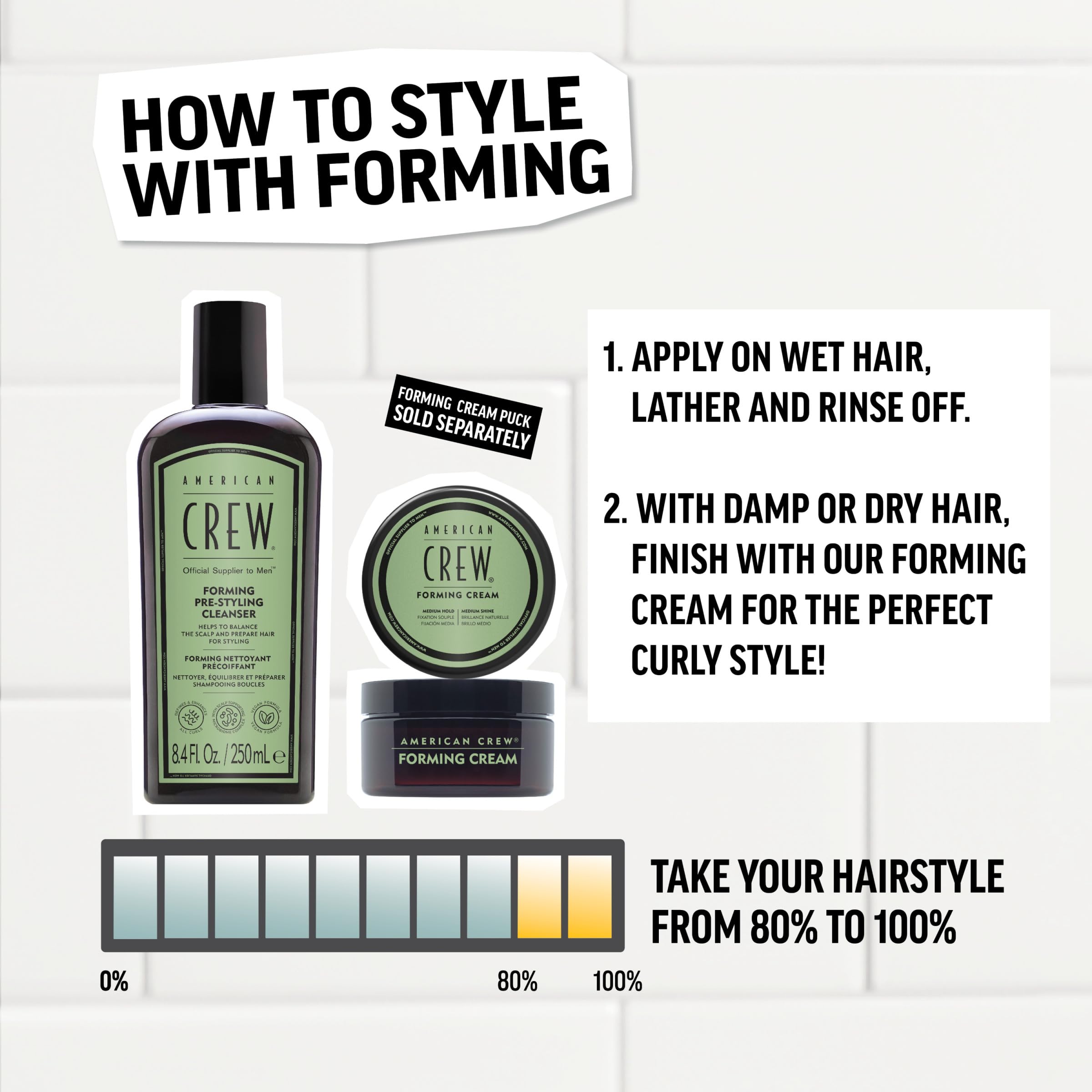 AMERICAN CREW Men's Pre-Styler Forming Shampoo for Textured & Curly Hair, Anti-Frizz & Curl Defining, With Jojoba Oil, Vegan, 8.5 fl oz