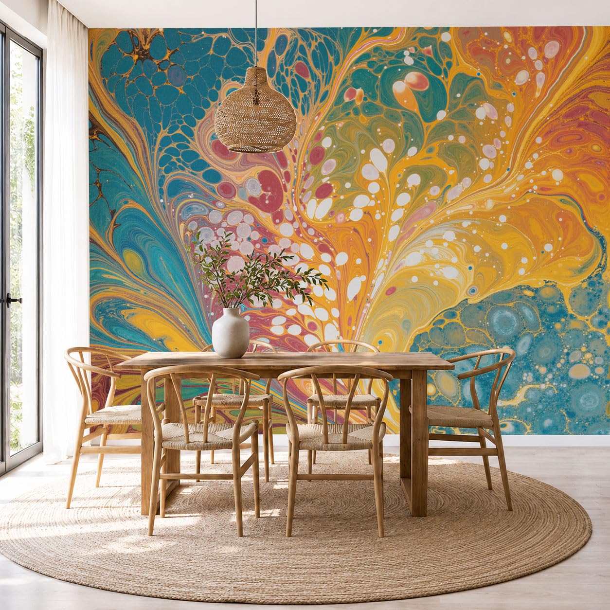 Papier peint intissé panoramique 400x280 cm au motif tourbillon d'encre orange pour grand salon