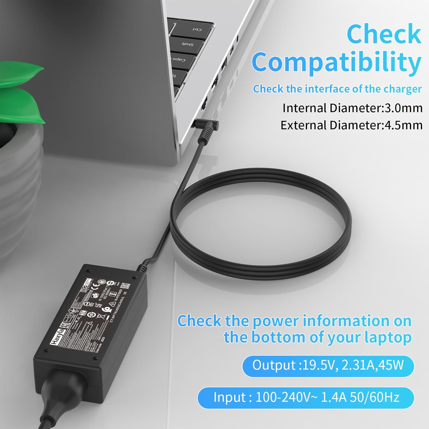 45W Charger Compatible with HP Notebook 15 HP Pavilion 14 TPN-LA15 TPN-CA14 r-41013153 L25296-002 L25296-001 L25296-003 741727-001 L25296-011 213349-109 19.5V 2.31A Smart Blue tip Laptop Power Adapter
