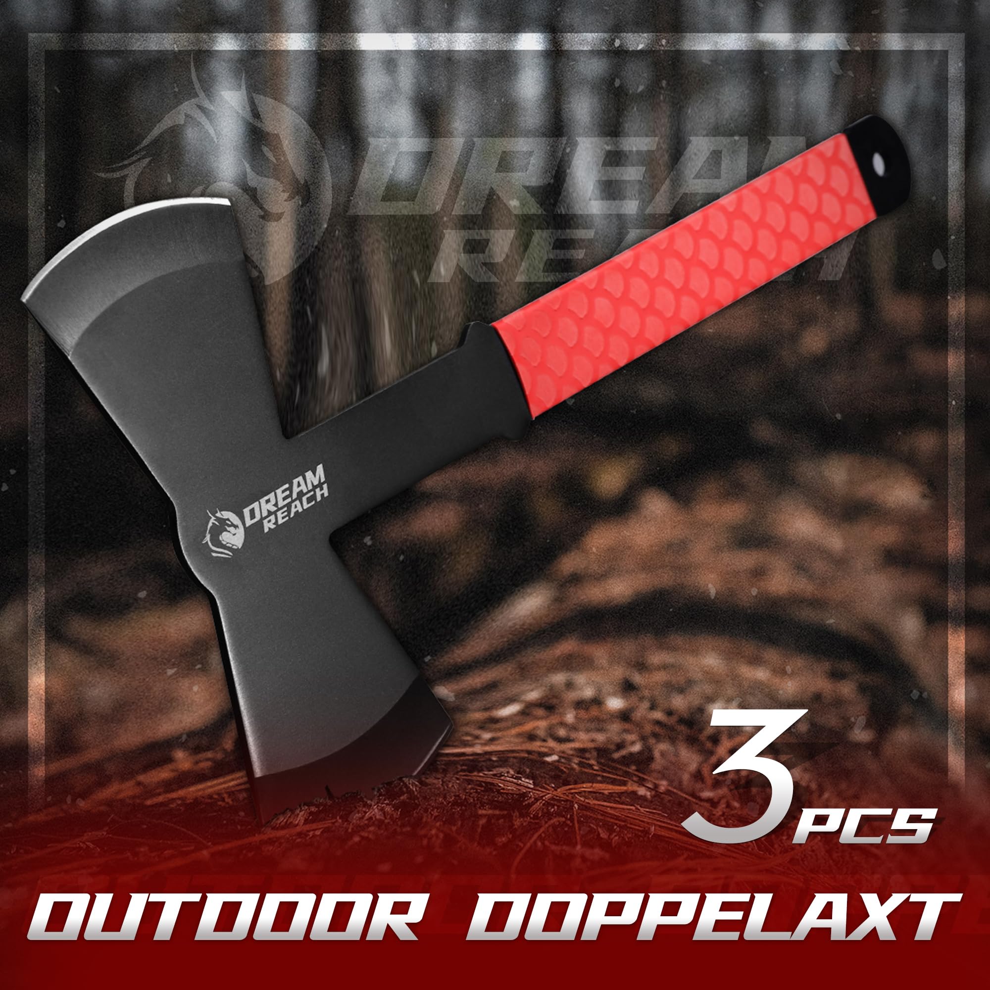 Dream Reach 3PCS Double Edged Äxte Set, Full Tang Handle mit roter Gummihülle Survival Axt, Camping Outdoor Viking Axt für Bushcraft, Wald, Garten, Geschenke für Männer
