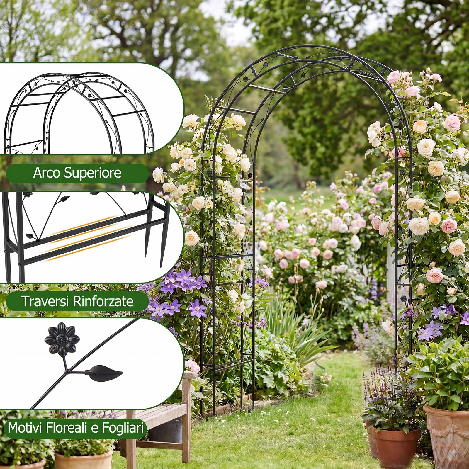 COSTWAY Arco da Giardino, Pergolato per Piante Rampicanti, Vite e Rose | Pergola Decorativa con Motivi a Foglia da Giardino, Ingresso, Viale e Cortile per Matrimonio e Festa, 138 x 59 x 213 cm