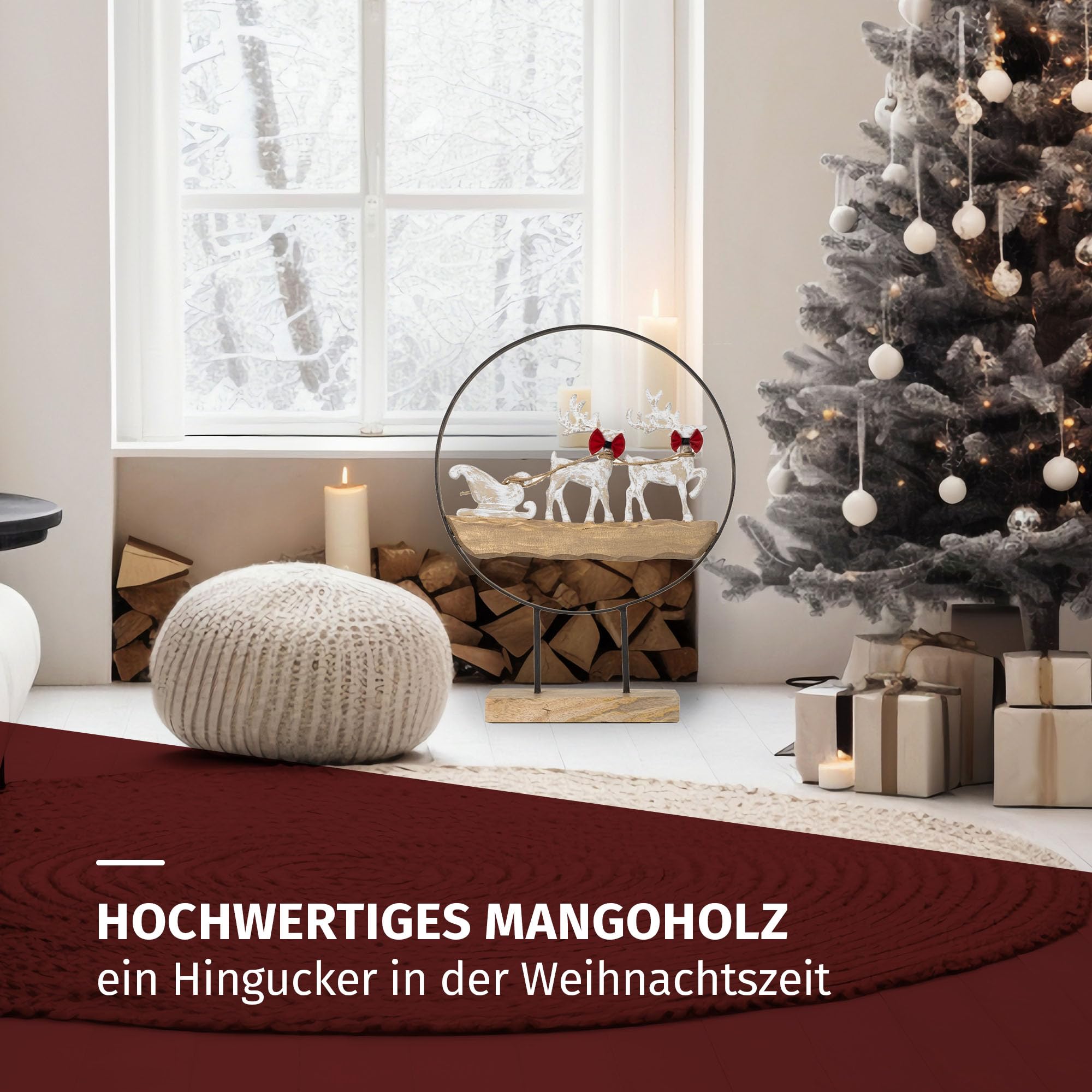 Moritz Dekoracja bożonarodzeniowa renifer z saniami w metalowym pierścieniu na cokole z drewna mango, 53,5 cm, figurka z drewna na stół, komodę lub parapet, zimowa figurka dekoracyjna na Adwent i Boże