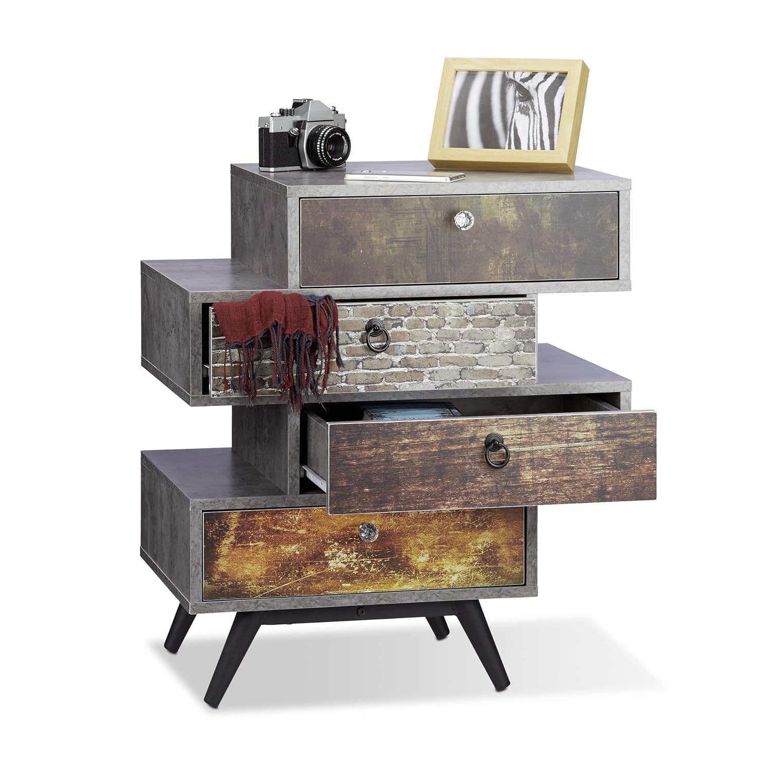 Relaxdays Vintage Kommode 4 Schubladen, originelles Lowboard in Betonoptik, Schublade mit Motiv, HBT: 68x60x40 cm, grau