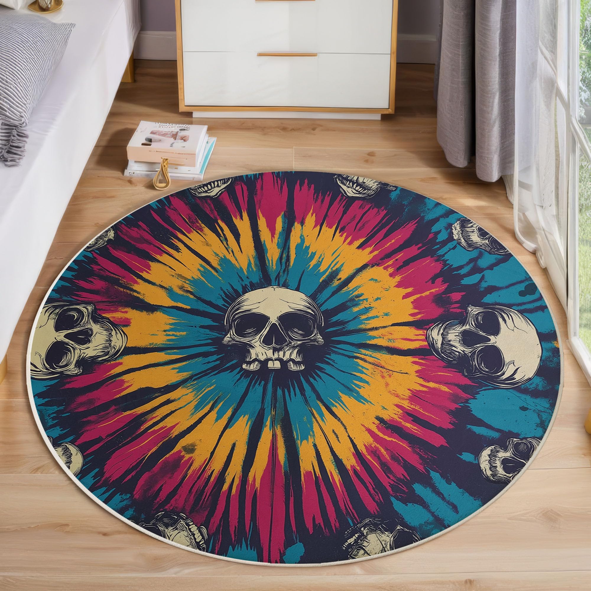 Tapis rond bohème rayures crâne 100cm pour chambre à coucher