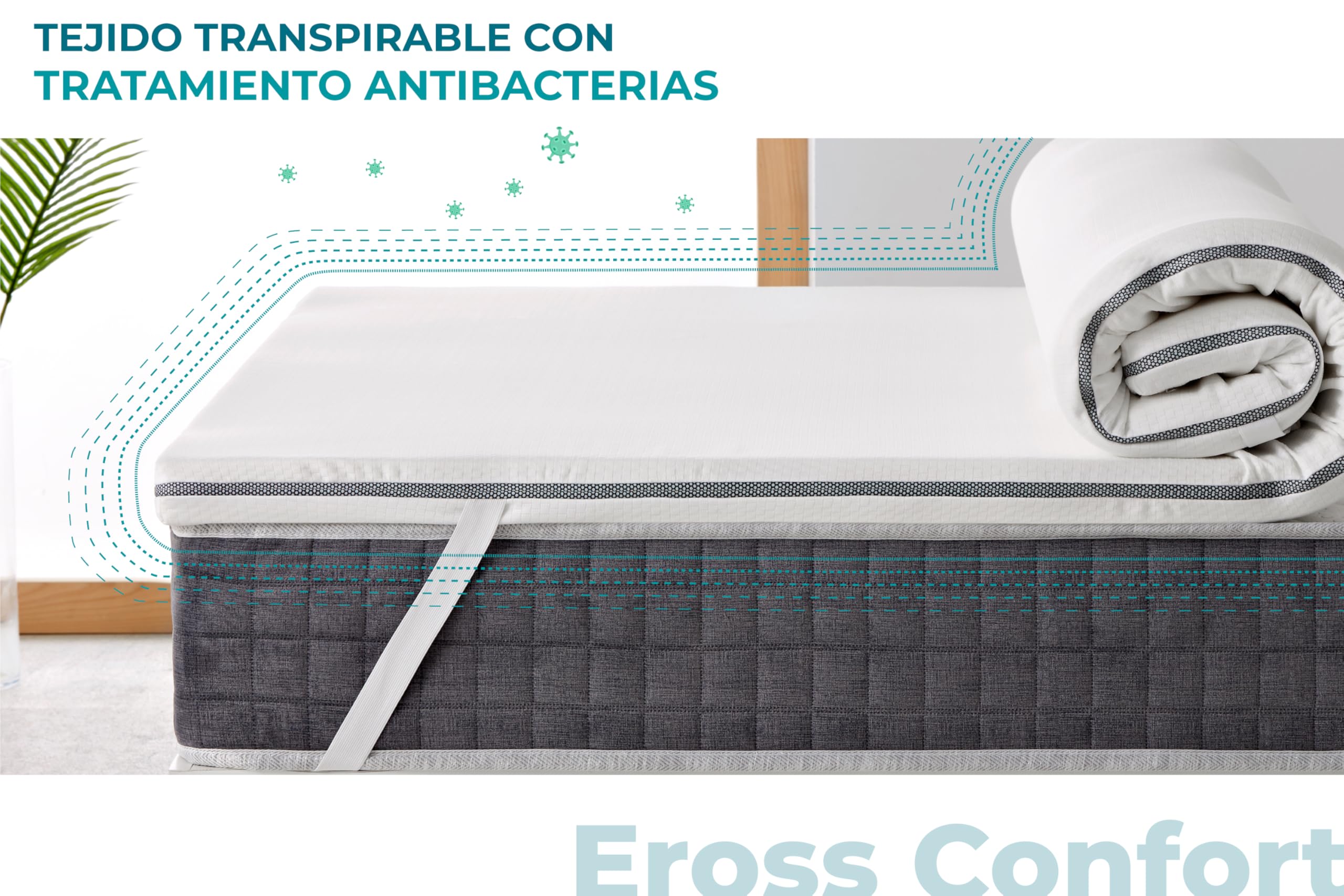 Topper 135x190 Núcleo 100% Viscoelástica Premium. Desenfundable, Cremallera Oculta y Lavable. Sobrecolchon Hipoalergénico y Transpirable. Fabricación Propia. Altura 5 cm.