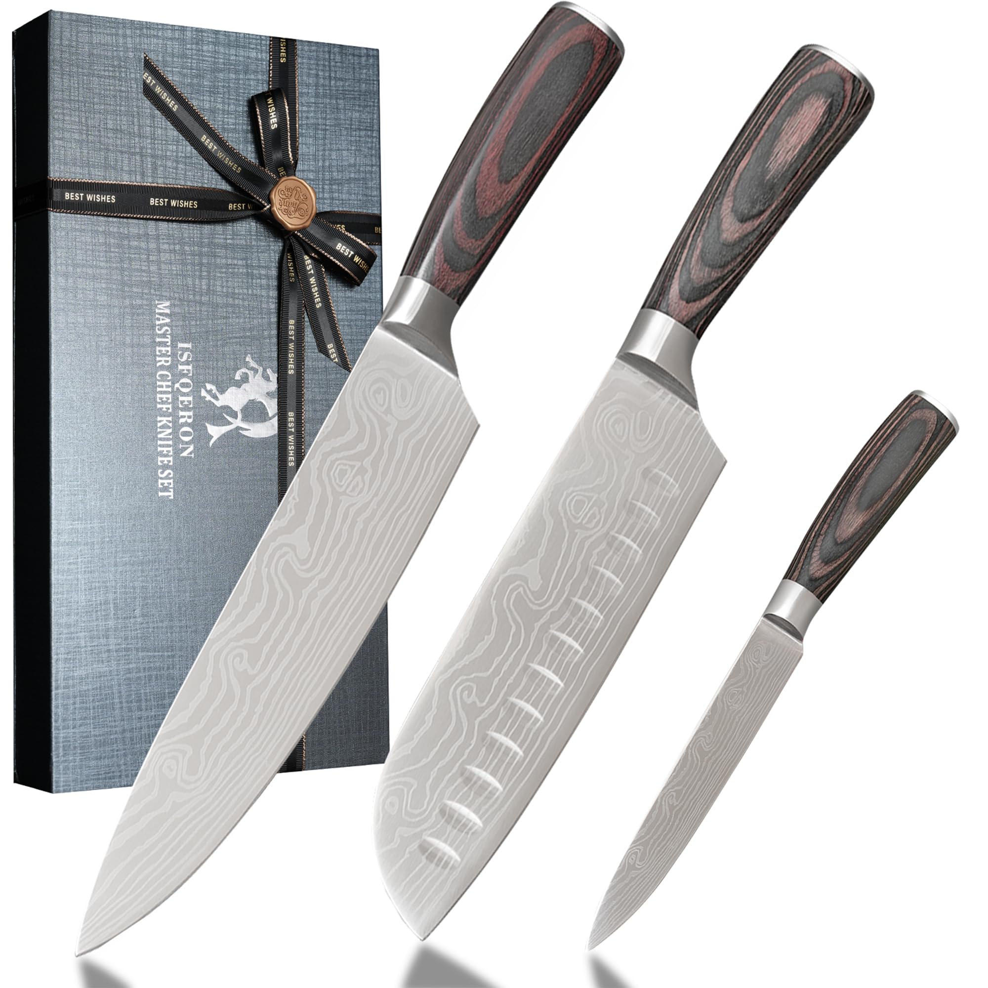 3 Piece Set of Professional Chef Knives, Forged From High Carbon Stainless Steel, with Extremely Sharp Blades and Ergonomic wooden Handles to Meet Various Cutting Needs (Kitchen Knife Set 3 Pcs)