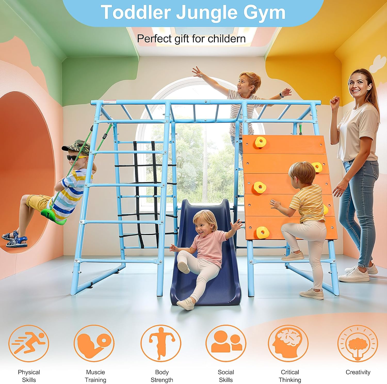 6 in 1 Indoor Climbing Dome, Metal Jungle Gym with Climbing Wall, Slide, Monkey Bars, Rope Ladders and Two Swings, Playset for Kids Ages 3-12