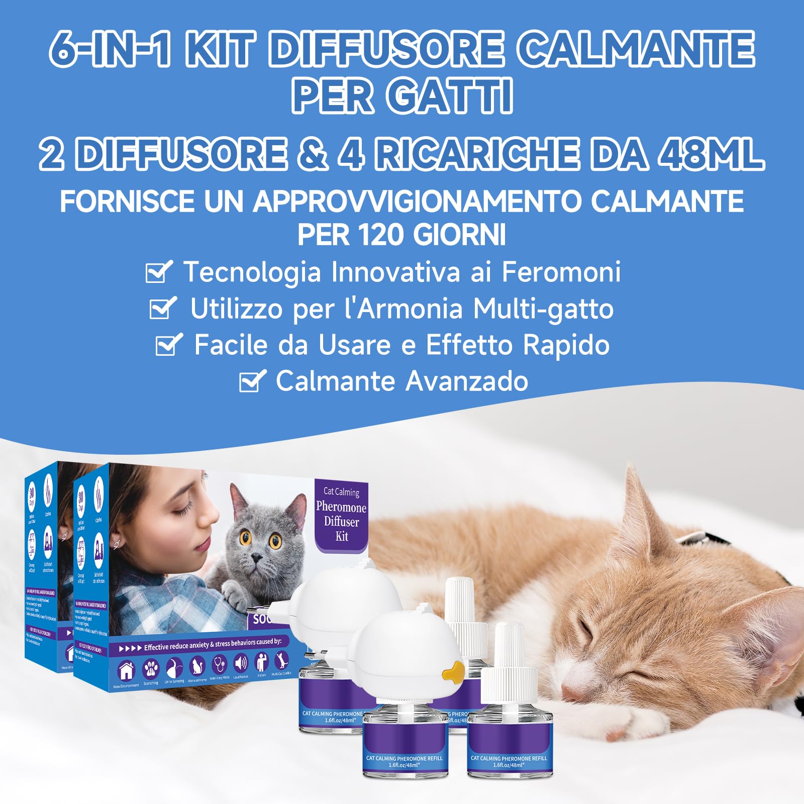 VICSOM Kit Diffusore Feromoni per Gatti 6 in 1, 120 Giorni Calmante per Gatti, Feromoni Gatto Diffusore per Un Rilassamento Duraturo, Sollievo da Ansia e Stress(2 Diffusore + 4x48ml Ricariche)