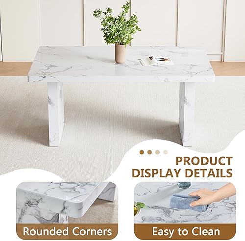 Miniatura 3 de Juego de mesa de comedor moderno para 6, juego de mesa de comedor blanco de 63 pulgadas para 6, tablero de mesa de cocina MDF con patrón de mármol y