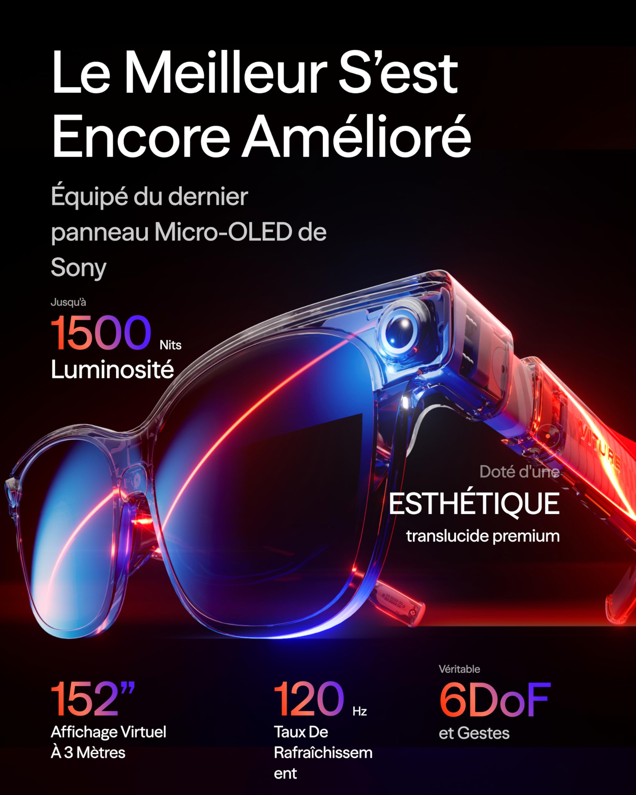 VITURE Luma Ultra Lunettes XR, 152'' 1500 Nits Lunettes AR 6DoF, 52° FOV, 2D en 3D, Film Électrochrome, Lunettes Gaming pour iPhone 17/16/15, PS5, PS4, Switch 2, Android, Mac, PC