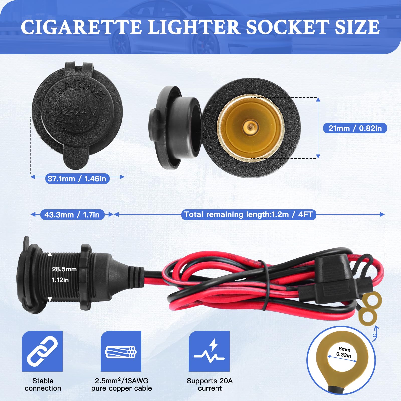 what size wire for 12v cigarette lighter Amazon.com: Cigarette Lighter Socket 4FT, 12V Cigarette Lighter Socket  2.5mm²/13AWG, 12V Power Outlet 20A Waterproof and Dustproof, 12V Outlet  Socket with Inline Fuse Holder, Car Fuses 20A 25A by XIOGZAXI : Automotive