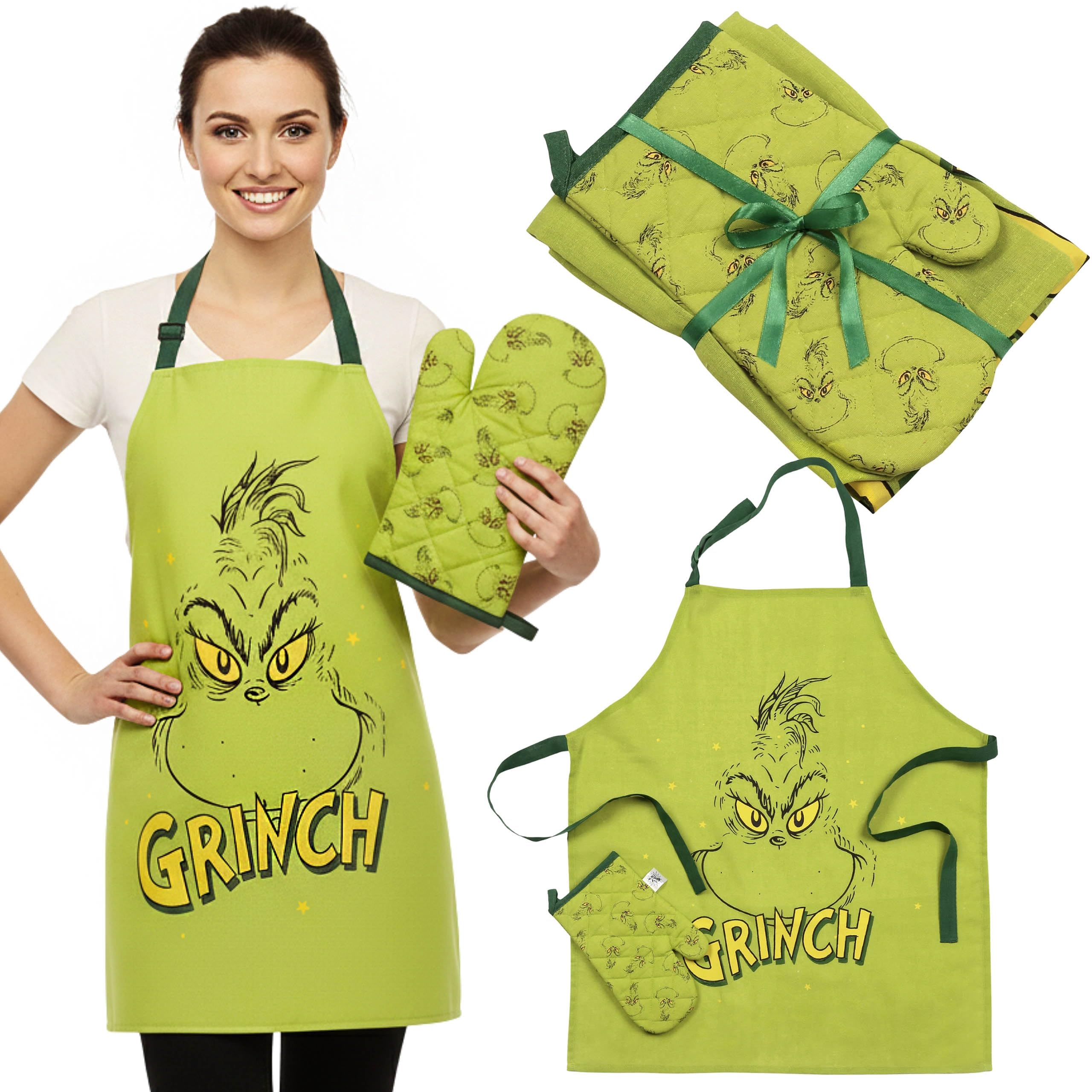 sarcia.eu Grinch 2en1 Set de cuisine de Noël : tablier réglable + gant, ensemble vert pour cadeau