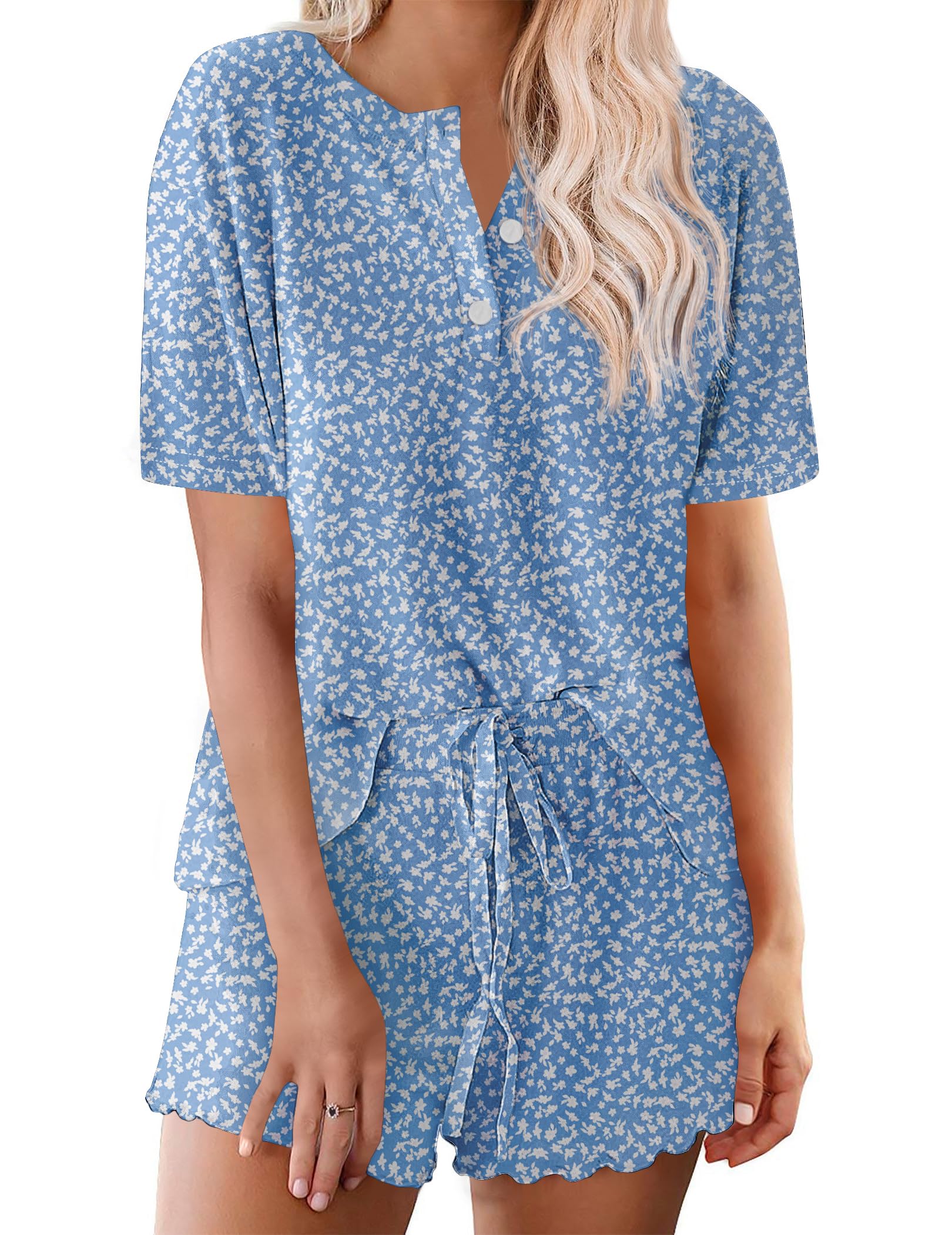 Ekouaer Pajamas Set for Women Short Sleeve Lounge Set 2 Piece Loungewear PJs Soft Cute Lightweight Sleepwear