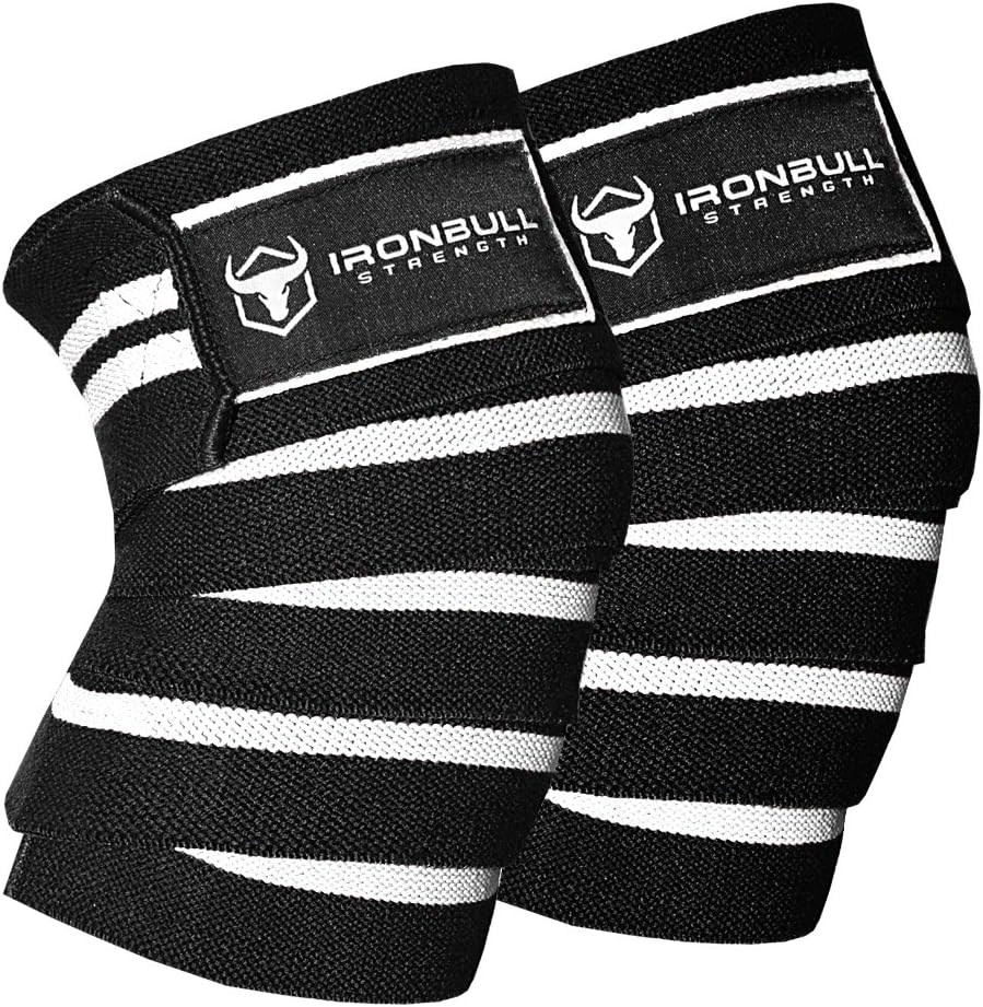 Iron Bull Strength Knee Wraps (1 Pair) - 80" Elastic Knee and Elbow Support & Compression - For Weightlifting, Powerlifting, Fitness, WODs & Gym Workout - Knee Straps for Squats (Black/White)
