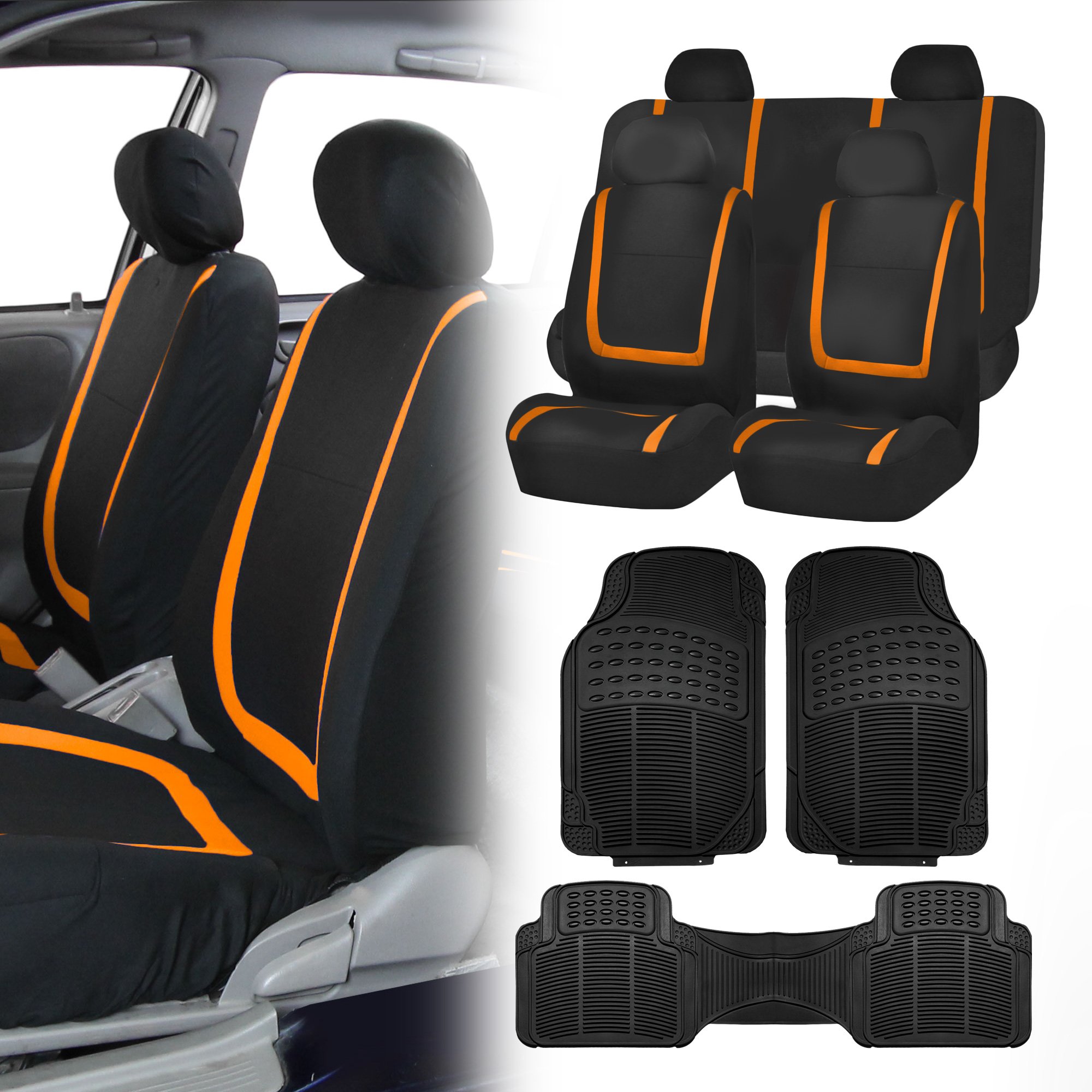 FH Group Car Seat Covers Interior Accessories for Cars Unique Flat Cloth  Orange Full Set Seat Covers with Combo Vinyl Floor Mats, Rear Solid Bench