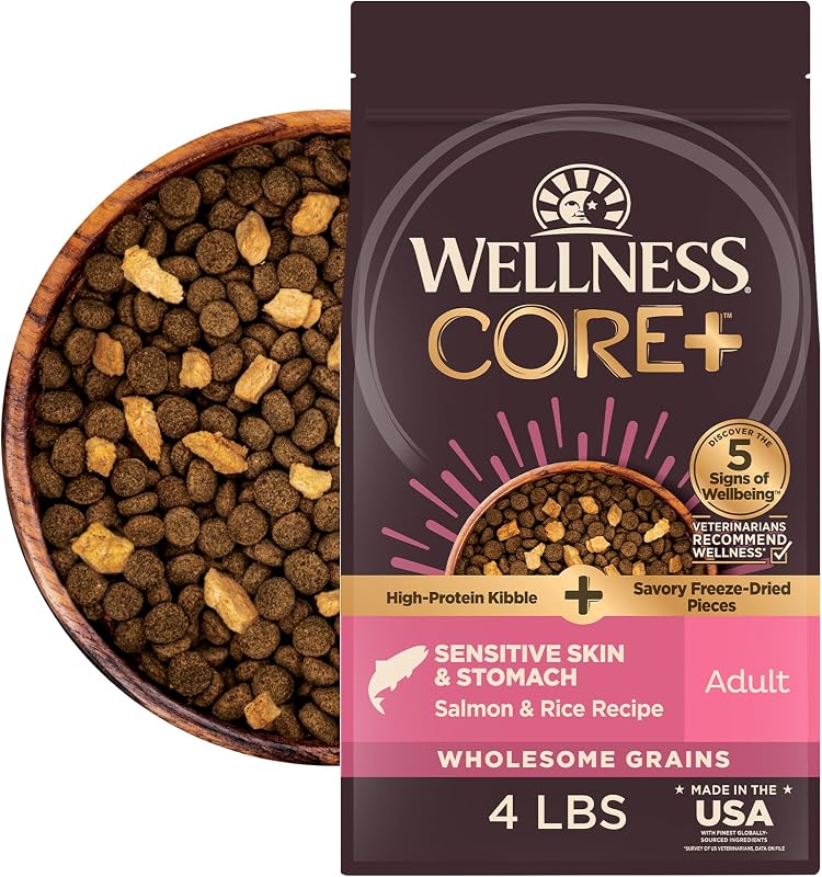 Ração seca para cães adultos Wellness CORE+ Sensitive Skin and Stomach com salmão e arroz e pedaços liofilizados, 1,83 kg