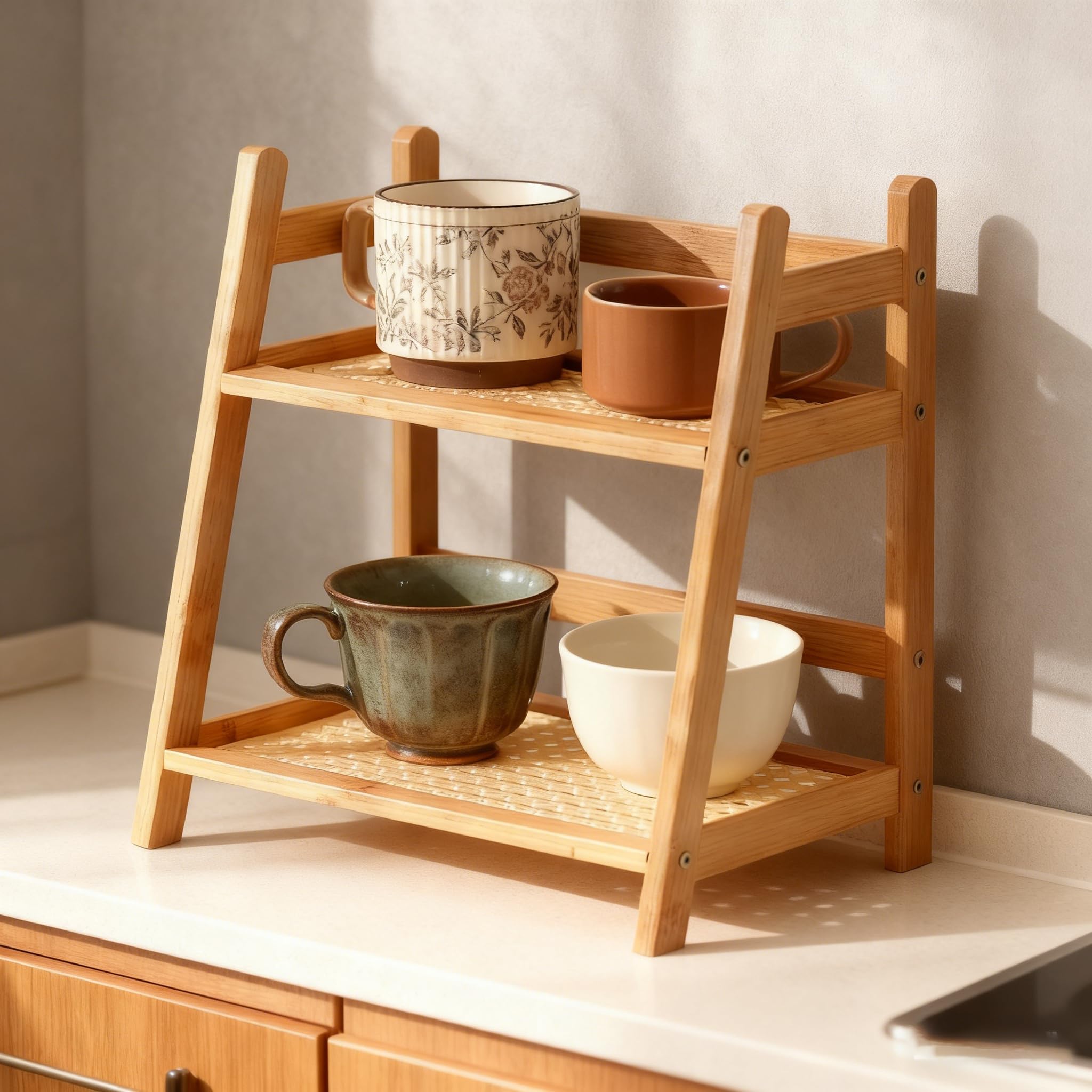 Wicker-Look 2-poziomowy stojak do przechowywania herbaty i kawy – stylowe kuchenne półki na szafki z naturalnego drewna, 26,5 x 18 x 28,5 cm, oszczędność miejsca, do domu i kawiarni