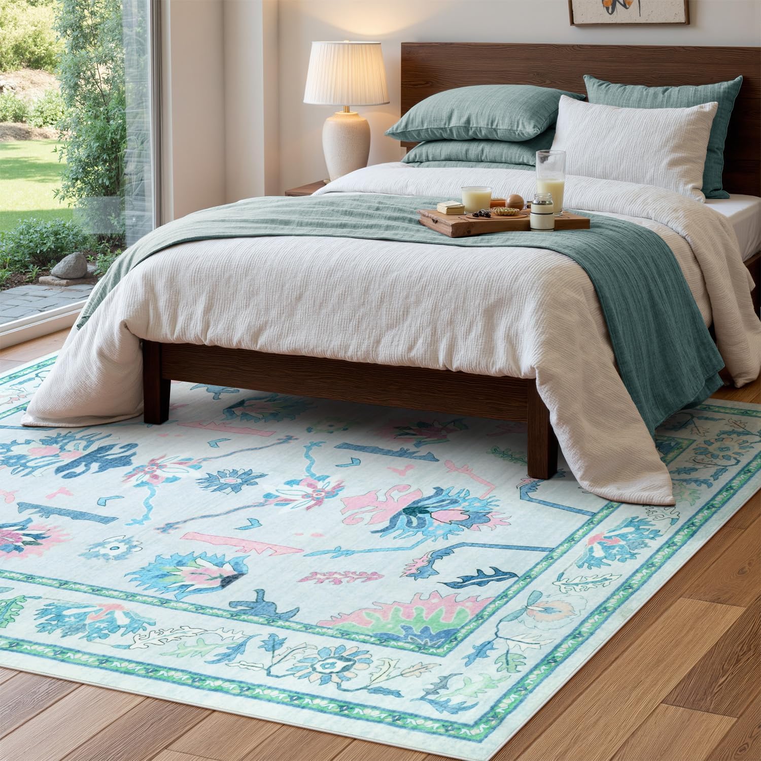 Uphome Floral Living Room Rugs 5x7 Rug, Teal Washable Rugs for Bedroom Nursery, Oushak Soft Non-Slip Kids Room Rug, Boho Tribal Ultra-Thin Area Carpet for Dining Room Playroom Dorm