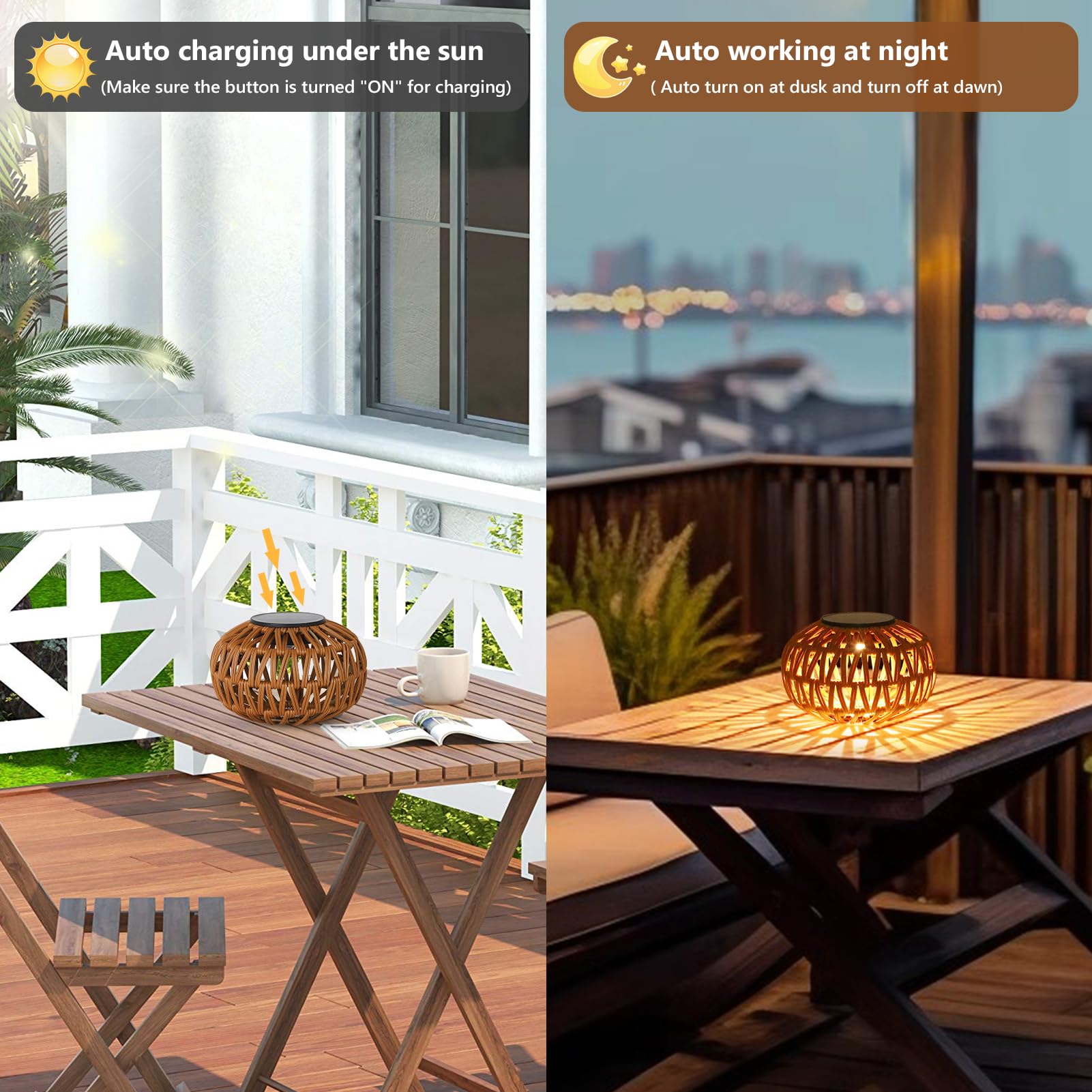 Rayofly Solar-Laternen für Draußen Wetterfest, 2 Stücke Rattan Solarlampen für Außen, Boho Tischlampe Outdoor, Gartendeko Geschenk für Frauen, Mama, Kleine LED Solarlaterne für Garten, Terrasse Balkon