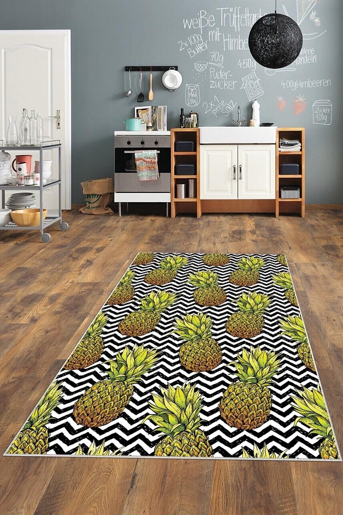 Pelangi Siyah Beyaz Zigzag Ananas Desen Yıkanabilir Kaymaz Taban Leke Tutmaz Modern Salon Halısı Ve Yolluk, Yeşil-Siyah 100 x 350, 135824510035005