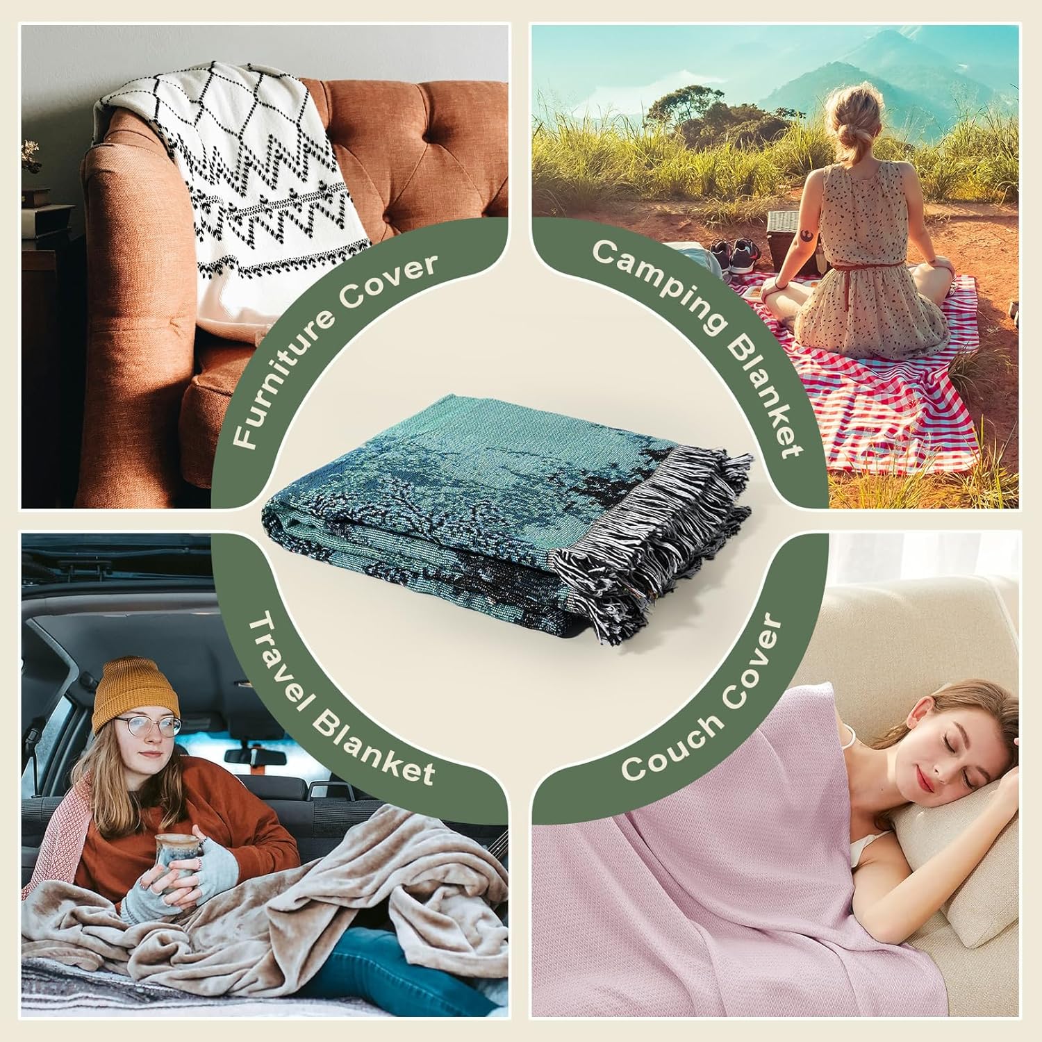 Snycler New Chinese Style Throw Blanket for Bed 50 * 60inch Woven Blanket Cotton Polyester Farmhouse Decor for Indoor Outdoor Sofa Bedroom Garden，All Season - Image 5