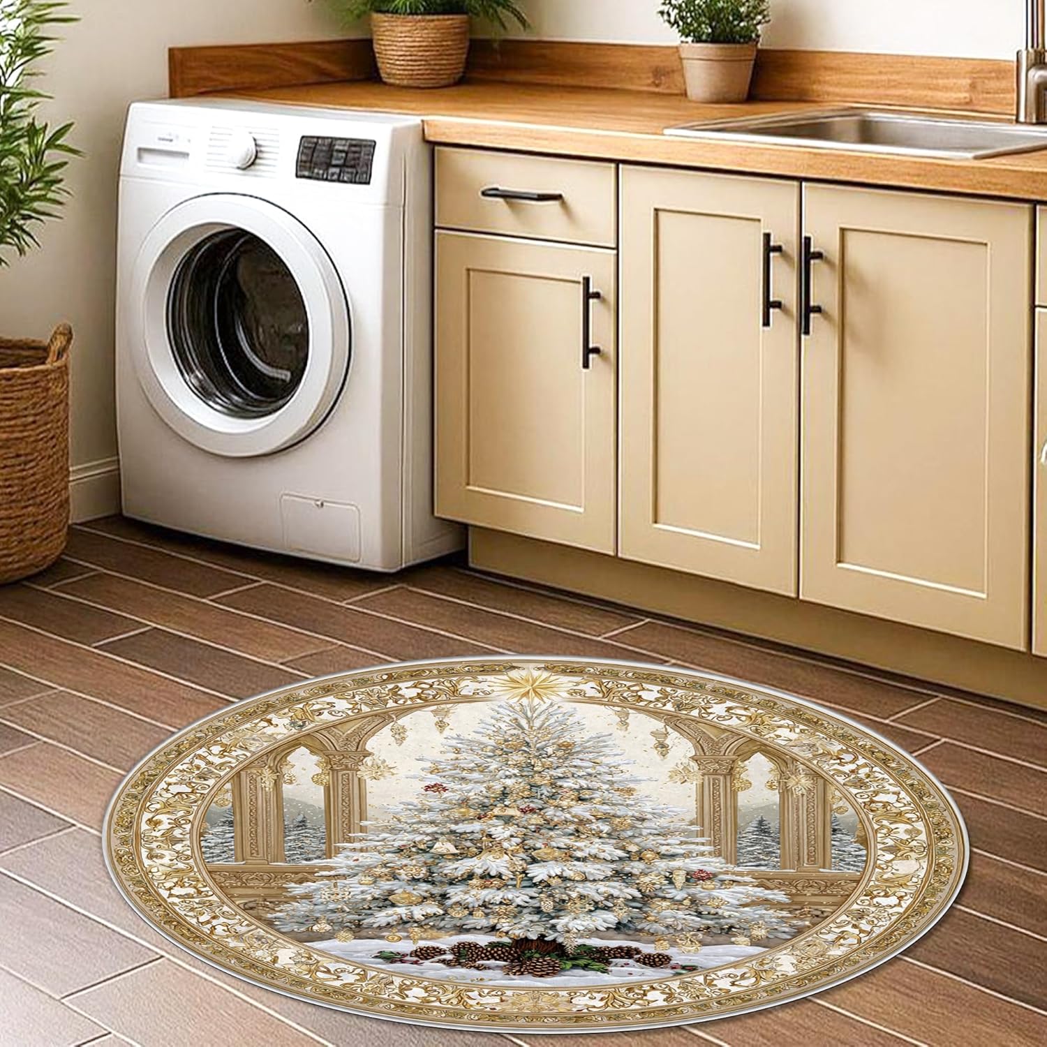 Christmas Tree Area Rug, Xmas Traditional Pinecones Ornaments Gold Non-Slip Backing Doormat Round Throw Rug Stain Resistant Bathroom Entryway Bedside Doorway Decor 3' X 3'