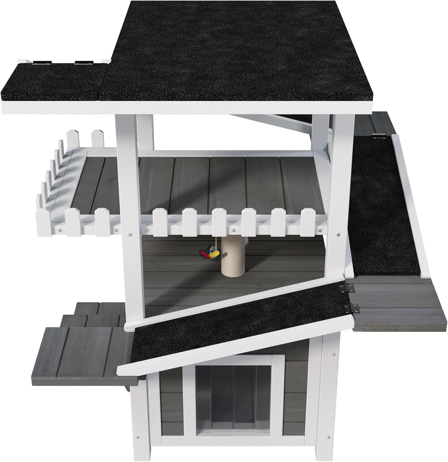 Merax 4 Tiers Outdoor Cat House, Weatherproof Cat Tree Tower with Waterproof Roof and 2 Doors, Feral Cat Shelter Outside Enclosure, Multi-Level Play Zones with Balcony for Small Animals