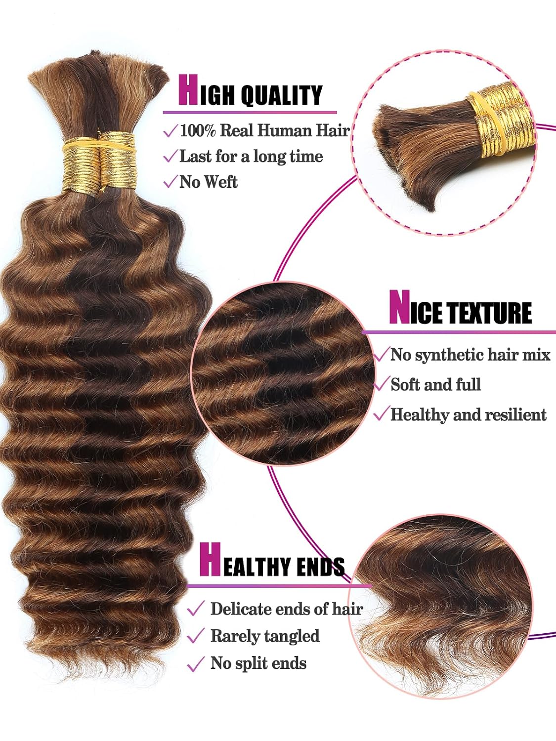 4/30 Bronze Gold Human Braiding Hair Deep Wave Bulk，Highlight No Weft Curly Braiding Hair Extensions for Boho Braids Wet and Wavy Braiding Human Hair Bundles(16inch,4/30,100g)