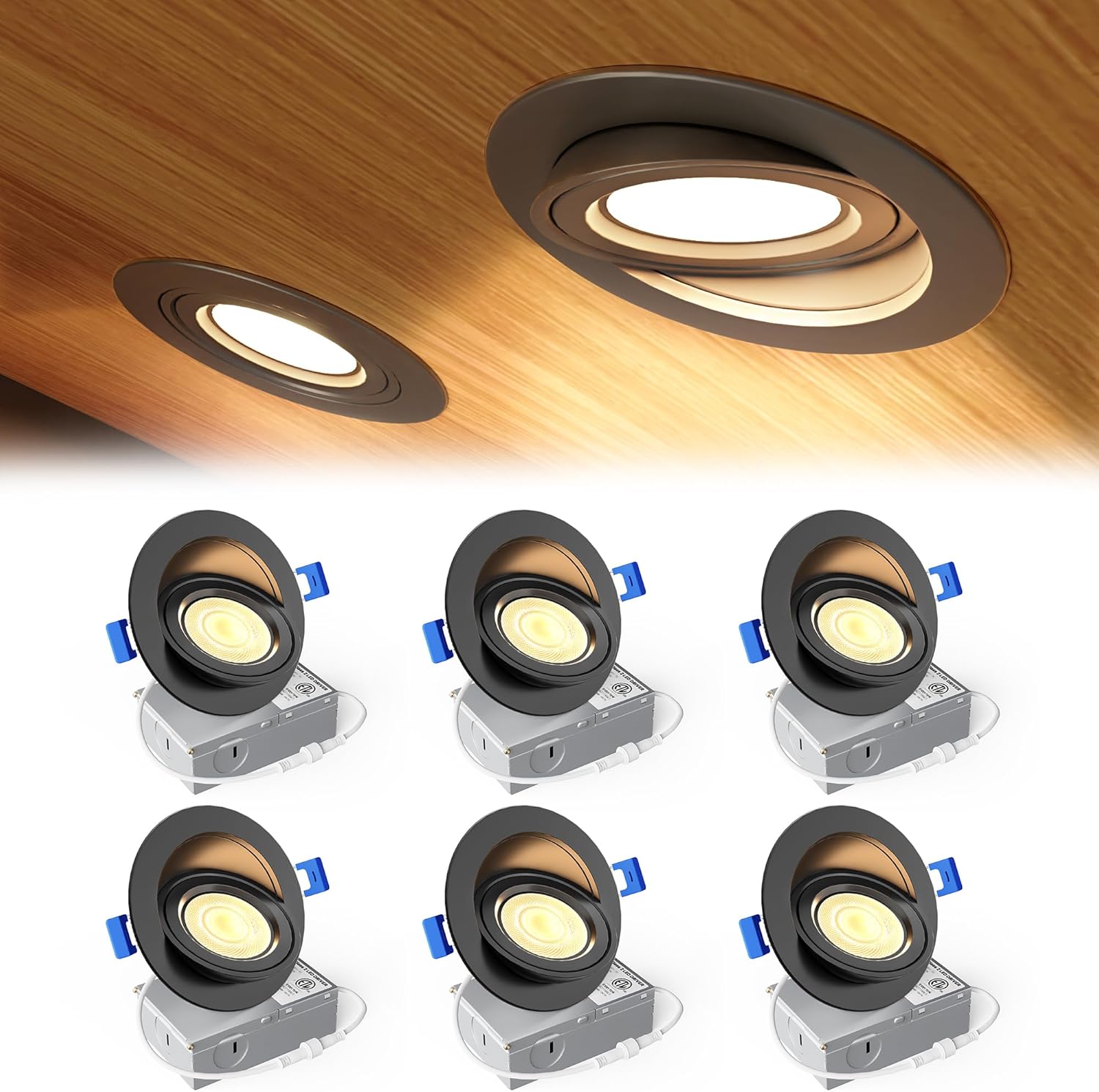 Ensenior 6 Pack 4 Inch Black LED Eyeball Gimbal Recessed Light, 5CCT
