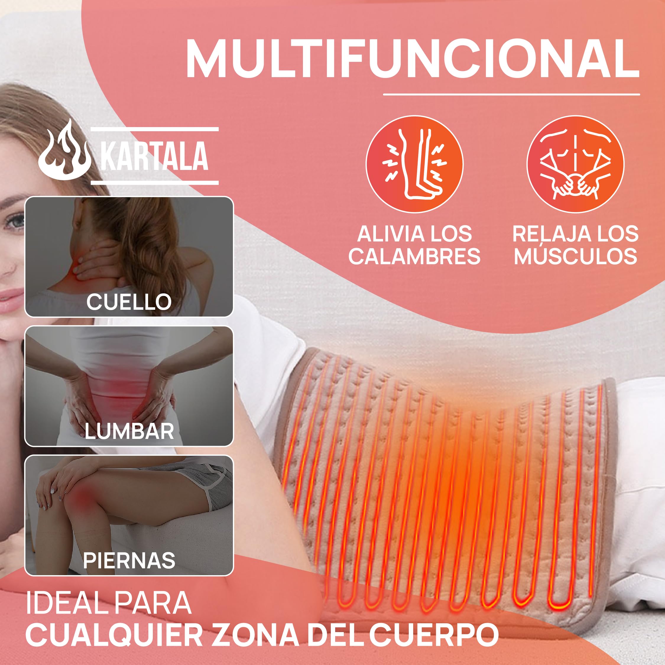 Super Pack Manta Térmica Lumbar Kartala 30×60 cm con Bolsa | Manta Eléctrica para Cuello, Espalda y Zona Lumbar | 9 Temperaturas, 4 Temporizadores | Lavable y Portátil