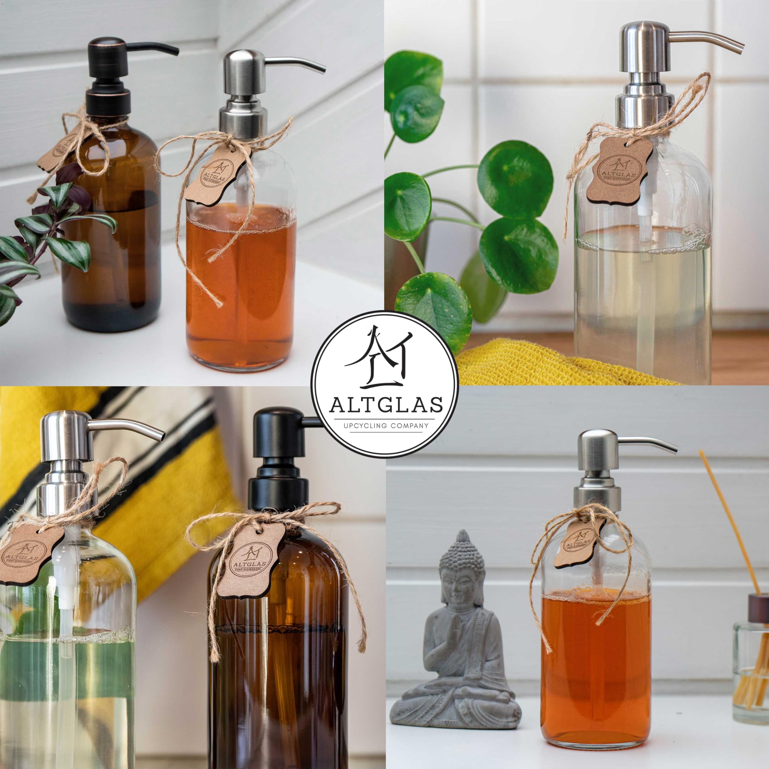 ALTGLAS Dispensador de Jabón 'Sarajevo' - Doble Dispensador de Ducha Hecho de Botella de Vidrio Transparente con Posavasos de Silicona y Cabezal de Bomba en Plata Cepillada (2 Piezas a 500 ml)