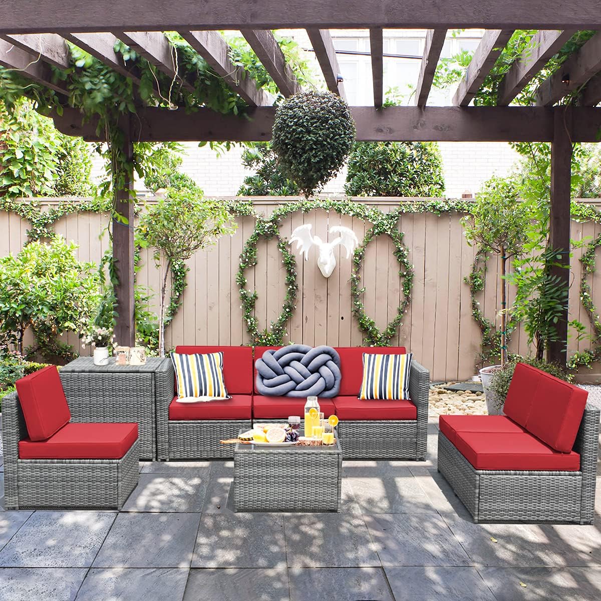 DORTALA 8Pcs Rattan Furniture Set w/Cushions, Sturdy & Durable Construction, Outdoor Wicker Rattan Conversation Sofa Set w/Storage Table, Ideal for Patio, Balcony and Indoor, Red