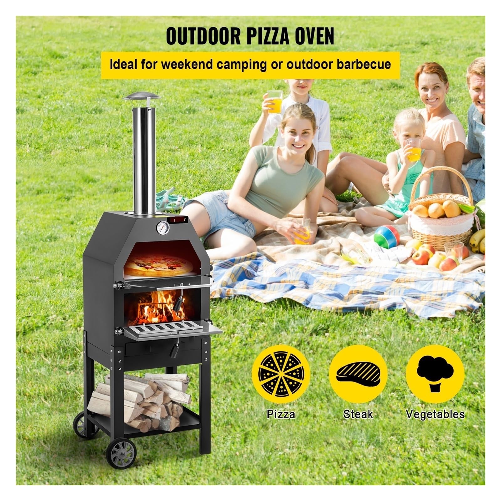 12-calowy piec do pizzy smażony na drewnie z kółkami i uchwytem Oszczędzający pracę 2-warstwowy przenośny do przydomowego pola kempingowego Park Pieczenie na świeżym powietrzu