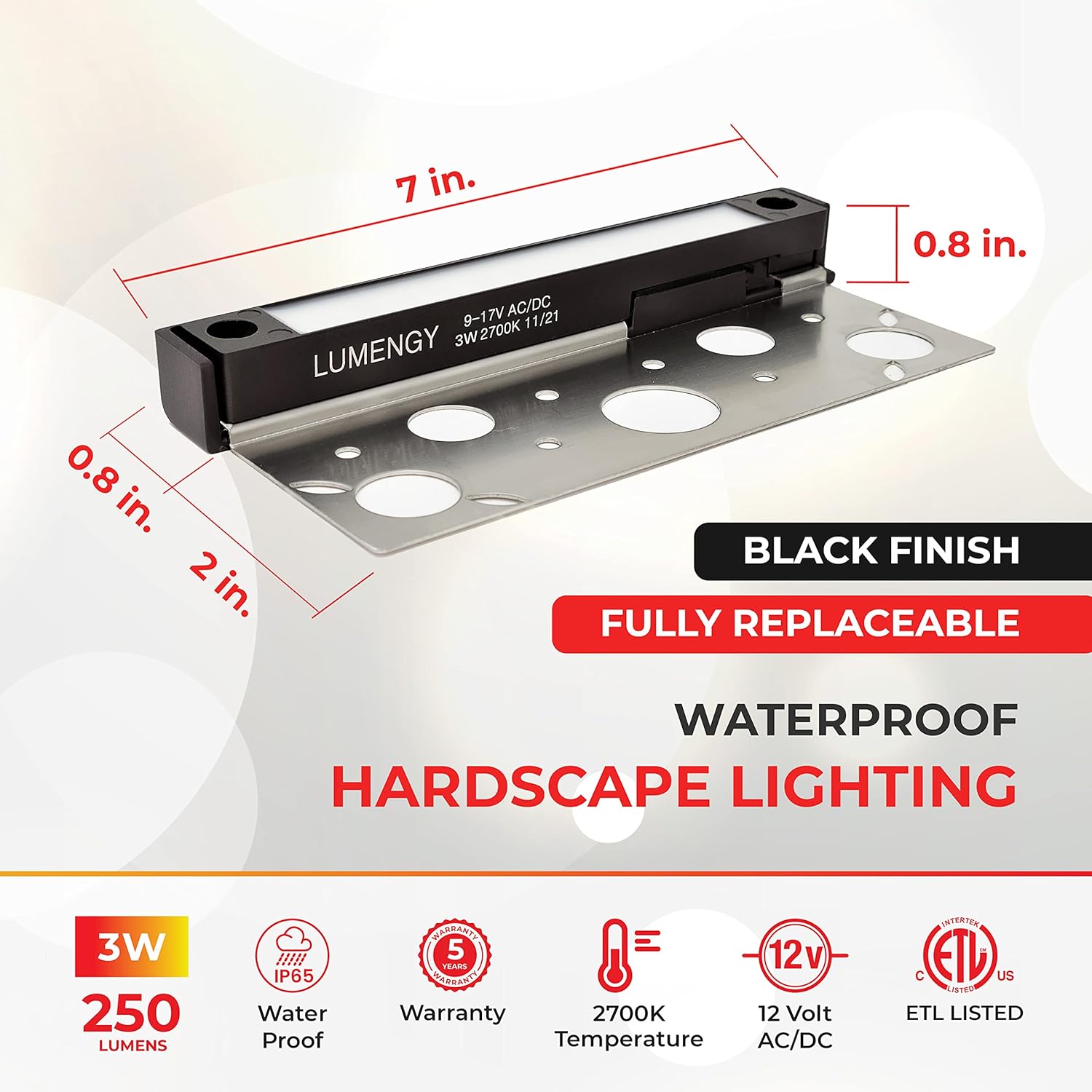LUMENGY 7 inch 3W Easy Replaceable Feature, LED Hardscape Light, 3 Mounting Plates for Retaining Walls & Outdoor Paver Steps Lighting, 50K Hours Lifespan, Black Finish - - 