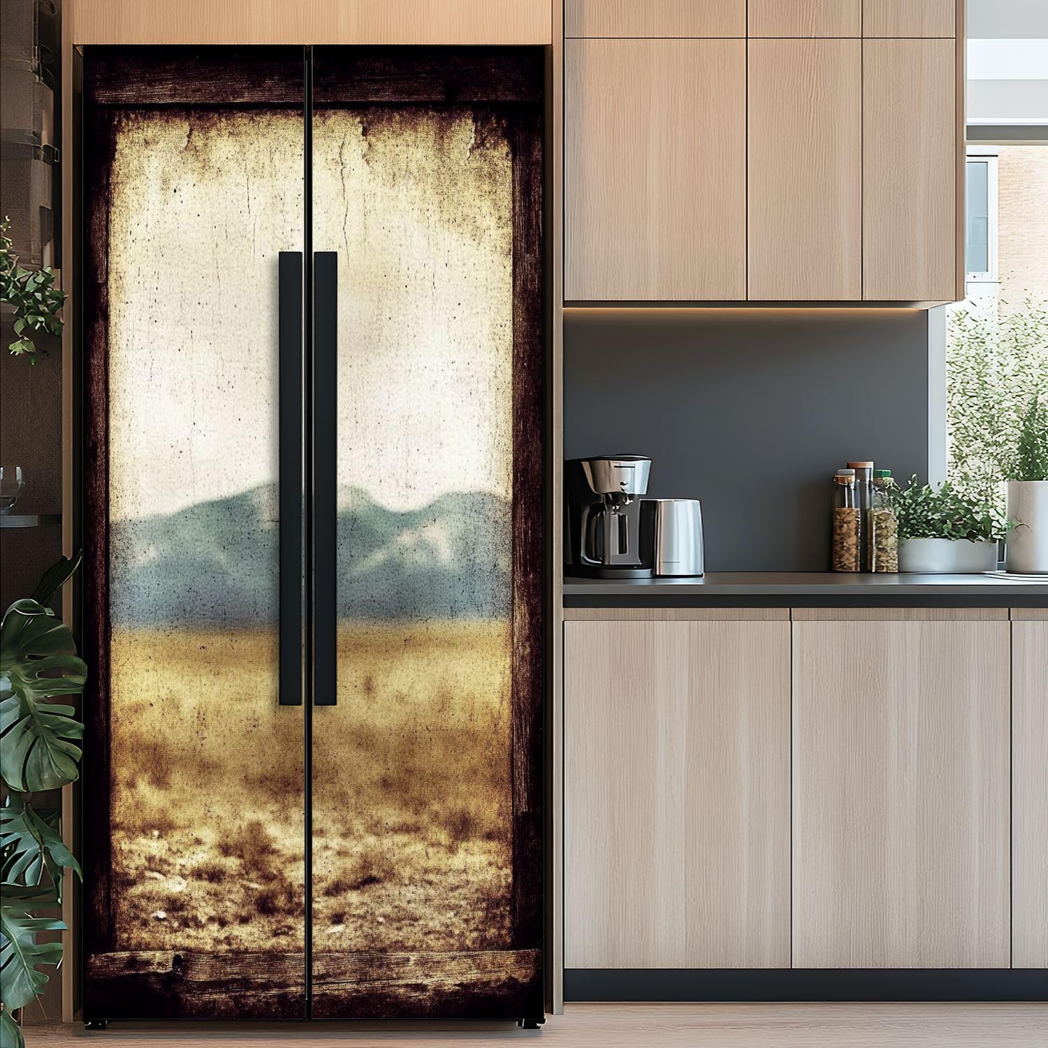 Self Adhesive Vinyl Refrigerator Wrap Lonely Mountains Landscape Door Mural Sticker Peel and Stick Removable Door Cover Fridge Wrap Decal for Kitchen Decor