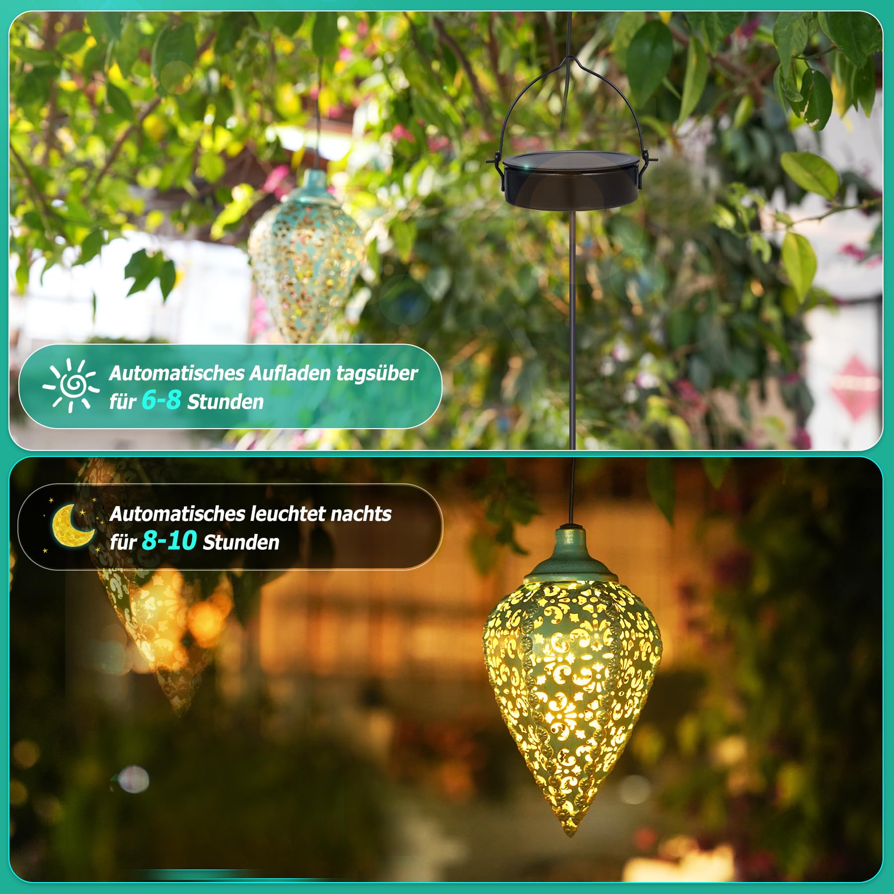 Görvitor 4 lámparas solares para exteriores colgantes, farolillos solares para exteriores IP65, resistentes a la intemperie, de metal, para exteriores, balcón, patio, patio, jardín, regalos de Navidad