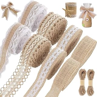 8 Rollen Juteband Vintage Spitzenband, Juteband mit Spitze, Natürliche Jute Bänder und Spitze, Leinwand Band für DIY Handwerk Hochzeit Deko Weihnachten Party Basteln Geschenkband mit Hanfseil