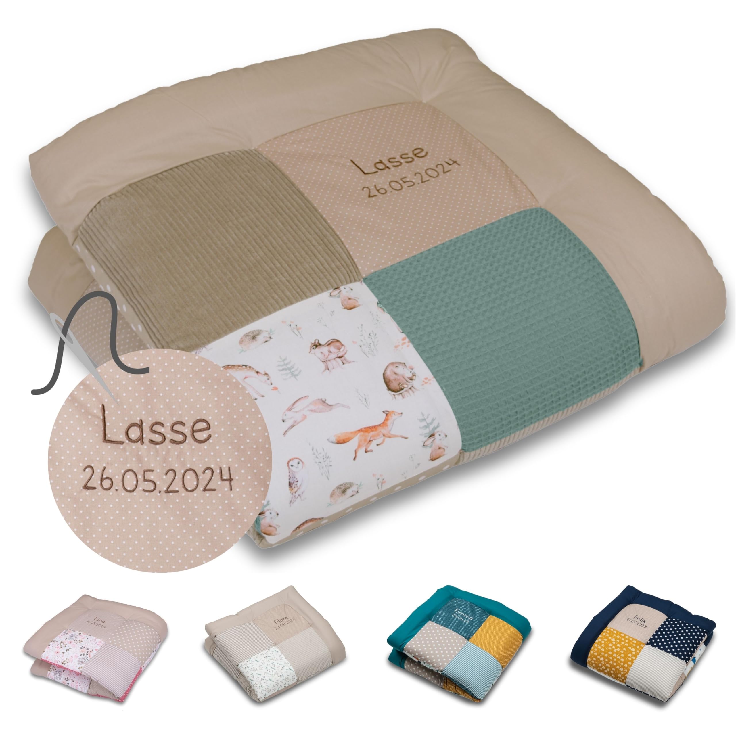 ULLENBOOM Krabbeldecke für Baby mit Personalisierung, 100% OEKO-TEX Materialien, Waldfreunde 100x100 cm - Babydecke mit Namen und Datum, ideal als Spieldecke und personalisiertes Geschenk zur Geburt
