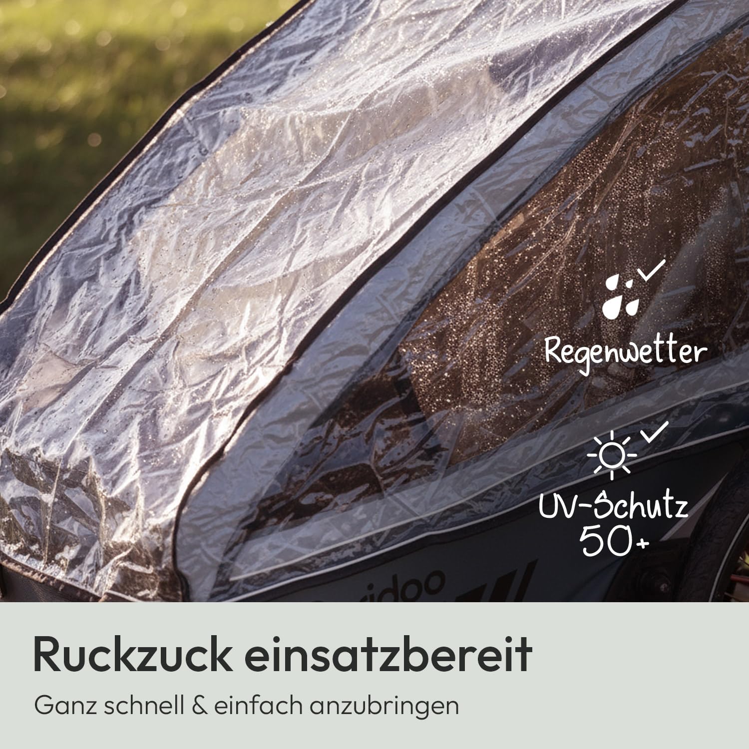 Qeridoo Regenschutz Kidgoo 2 / Kidgoo 2 Sport | Abdeckung Fahrradanhänger | Transparent speziell entwickelte Folie | Zubehör für Qeridoo | Regenschutz | Transparentes Regenverdeck