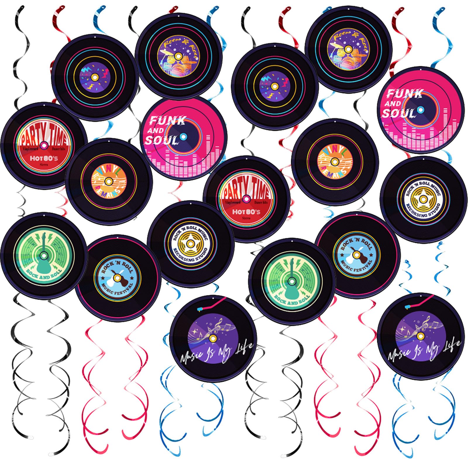 MORAINJAY 18 Pcs Rock Hanging Swirls, Record Party Decorations, Retro Rock Banner Card, Streamers Hanging Decorations for Birthday, Music Theme Party Backdrop Supplies