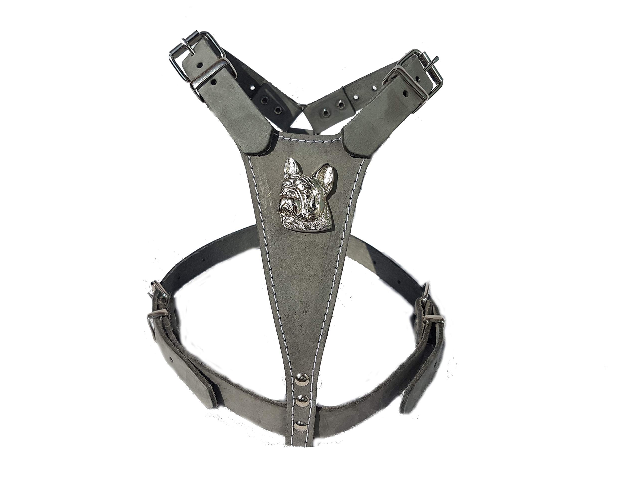 Grey Leather Dog Harness Medium with French Bulldog Head Motif